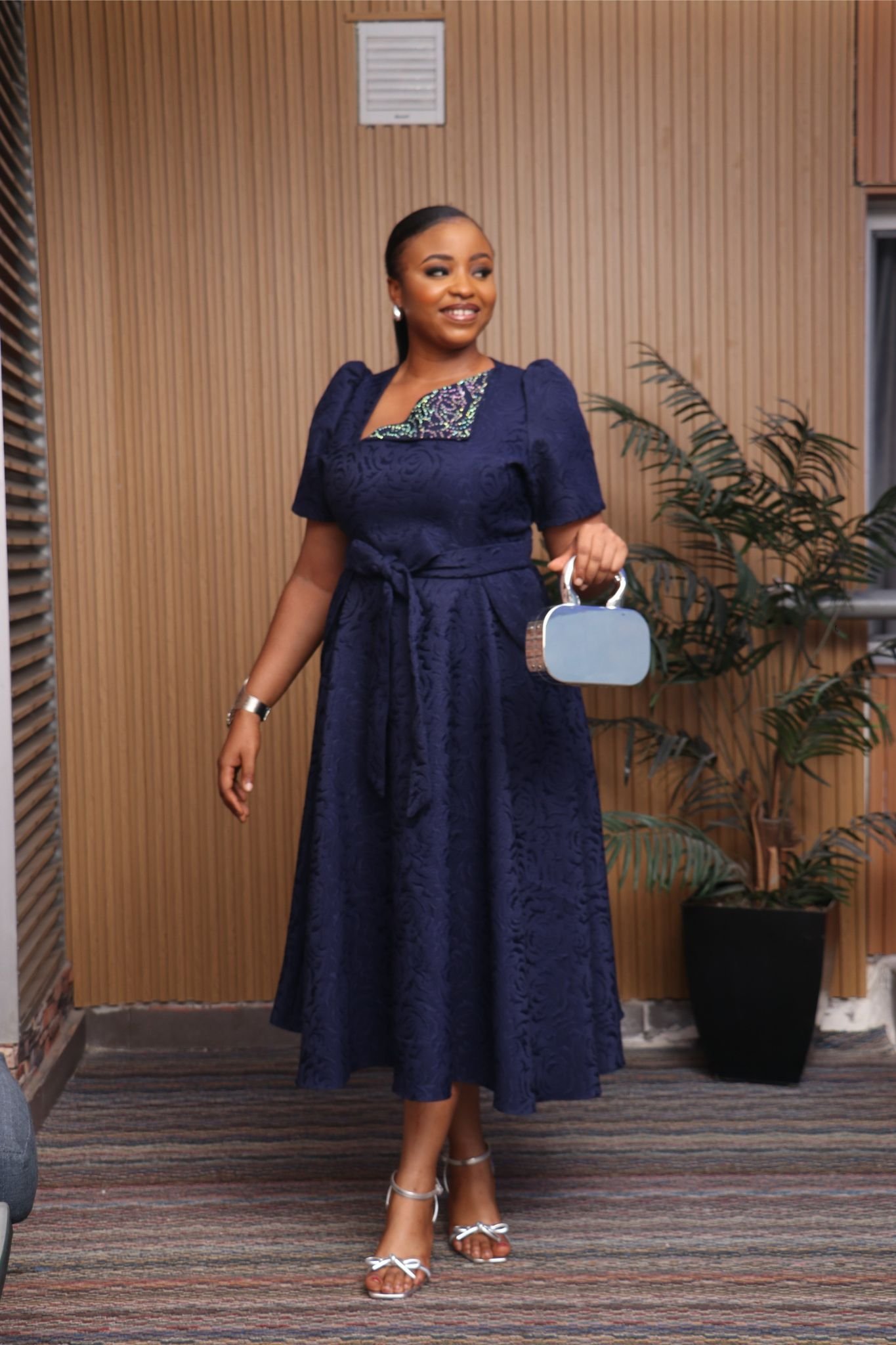 Embossed Self-tie Midi Dress with Rhinestone Embellished Neck Flap