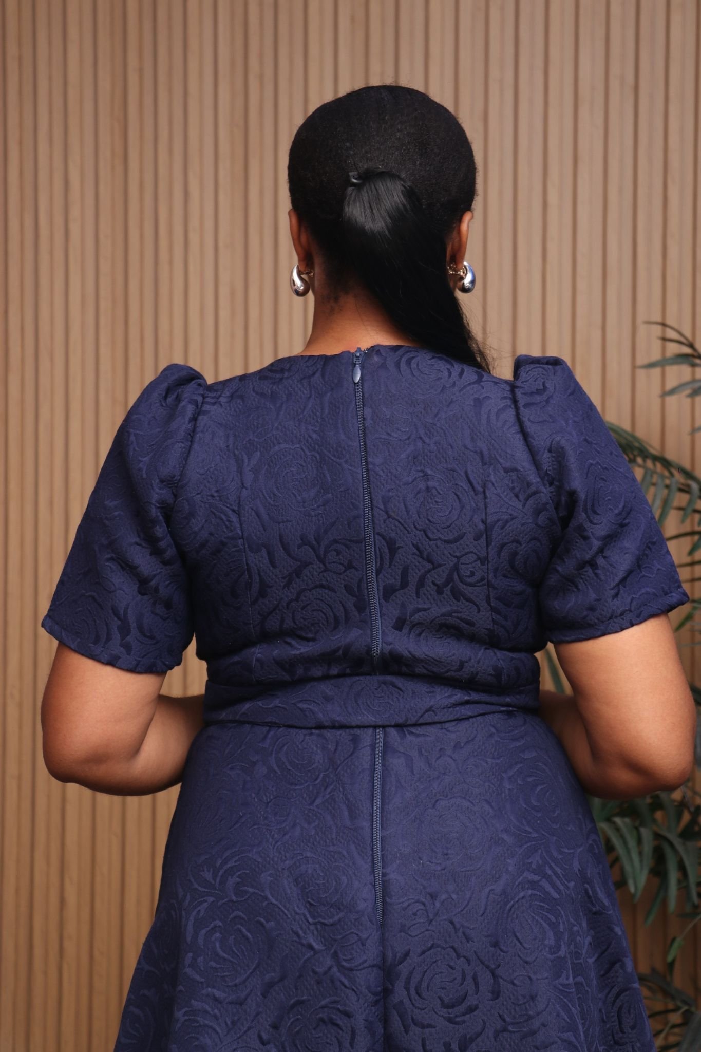 Embossed Self-tie Midi Dress with Rhinestone Embellished Neck Flap
