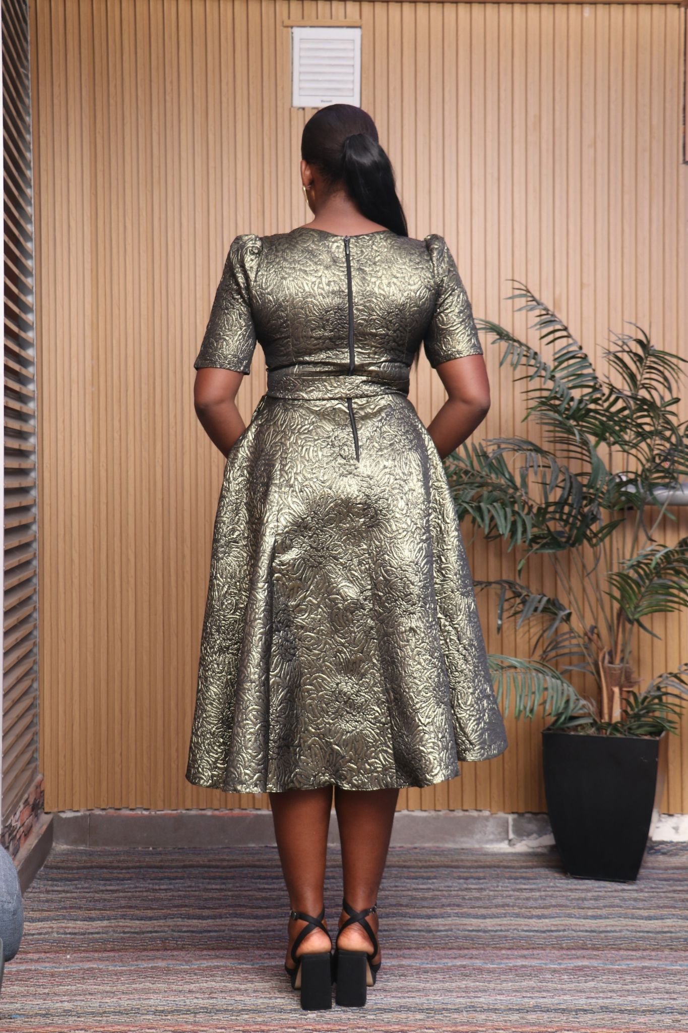 Brocade Self-tie Midi Dress with Rhinestone Embellished Neck Flap