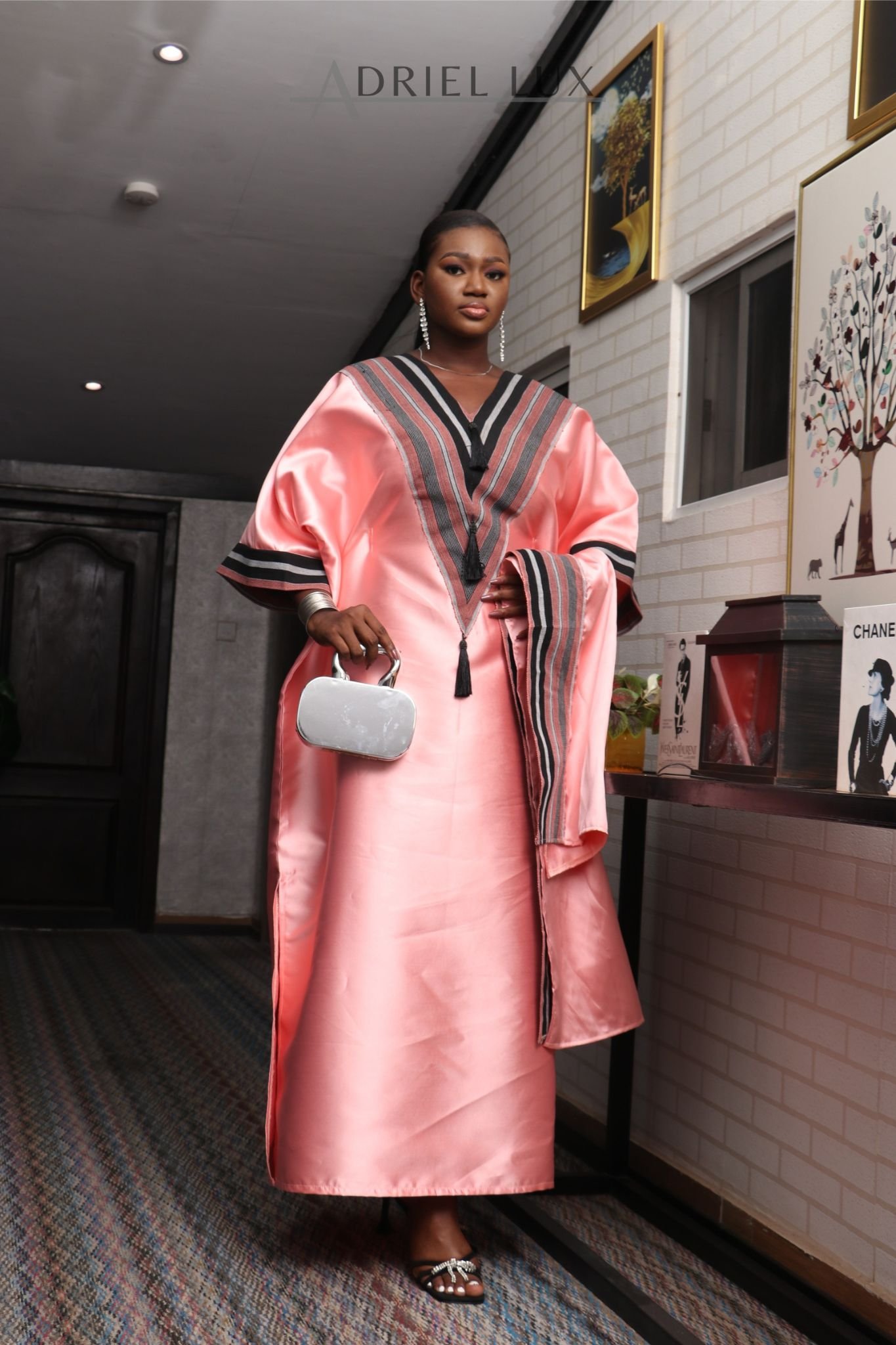 REBECCA V-Shaped Panelled Mikado-Asooke Mix 2 Piece Boubou Dress- Peach