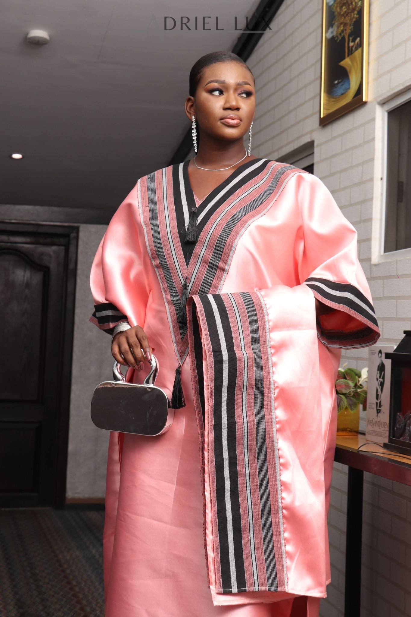 REBECCA V-Shaped Panelled Mikado-Asooke Mix 2 Piece Boubou Dress- Peach