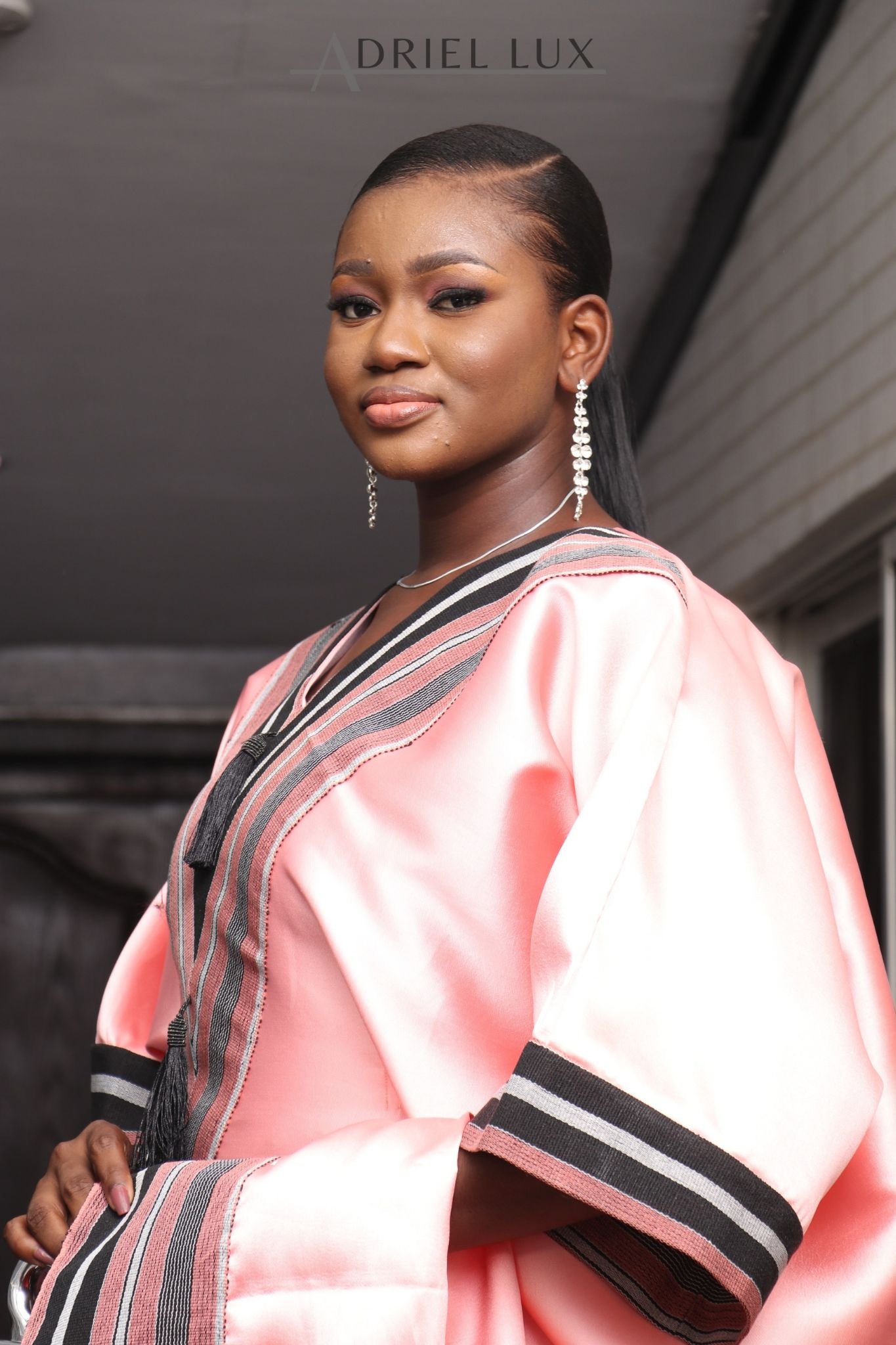 REBECCA V-Shaped Panelled Mikado-Asooke Mix 2 Piece Boubou Dress- Peach