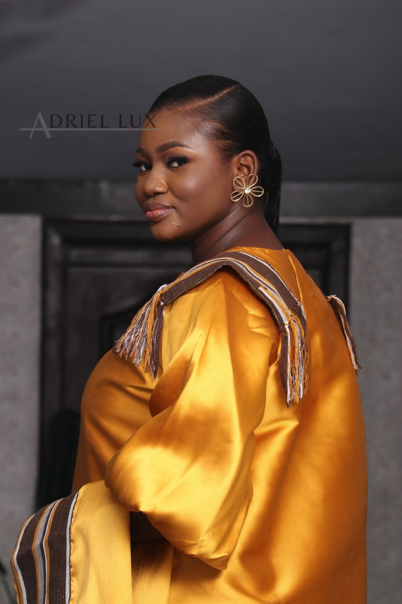 REBECCA03  Shoulder Panelled Mikado-Asooke Mix Boubou Dress- Yellow