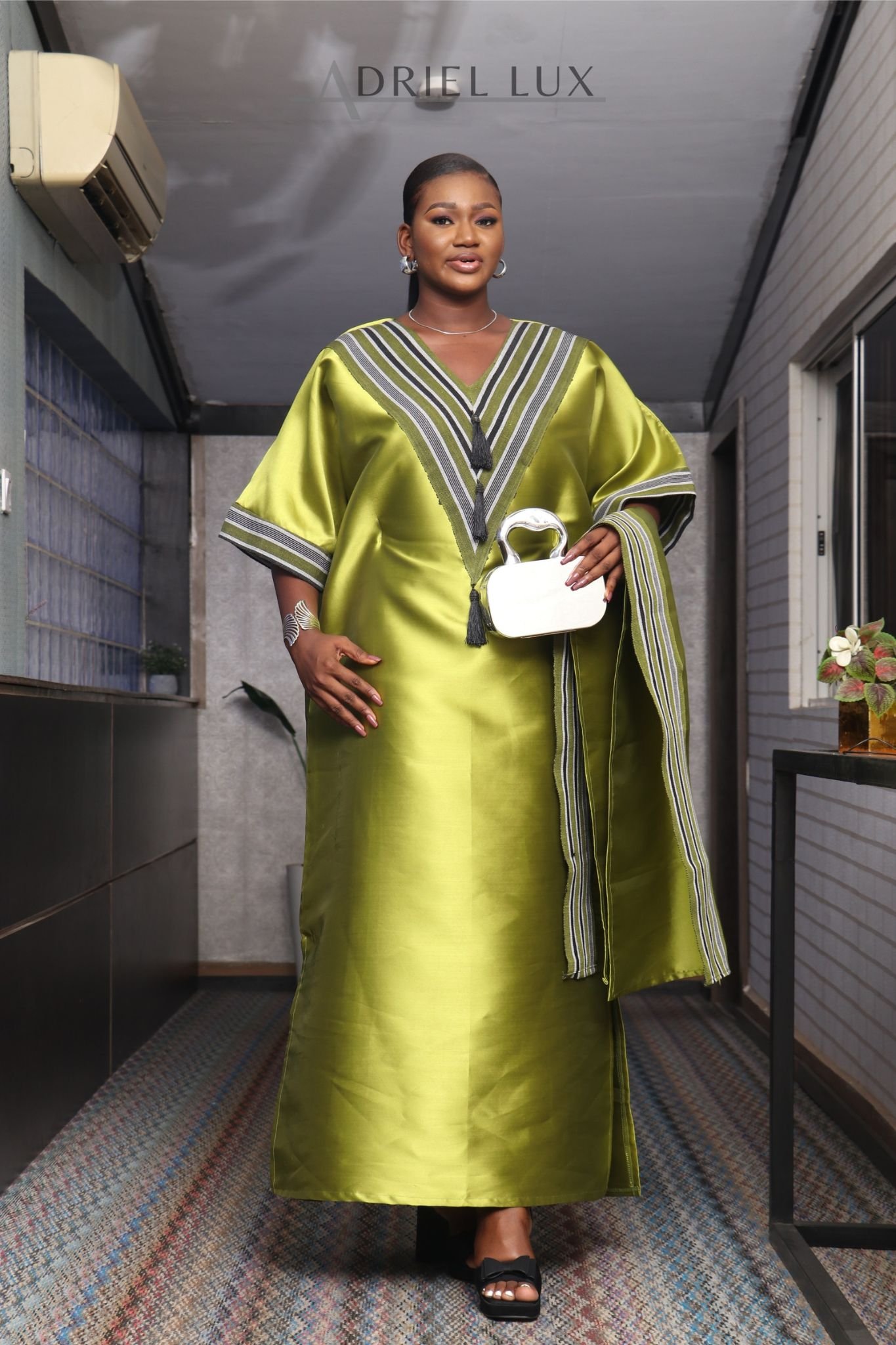 REBECCA V-Shaped Panelled Mikado-Asooke Mix Boubou Dress- Olive