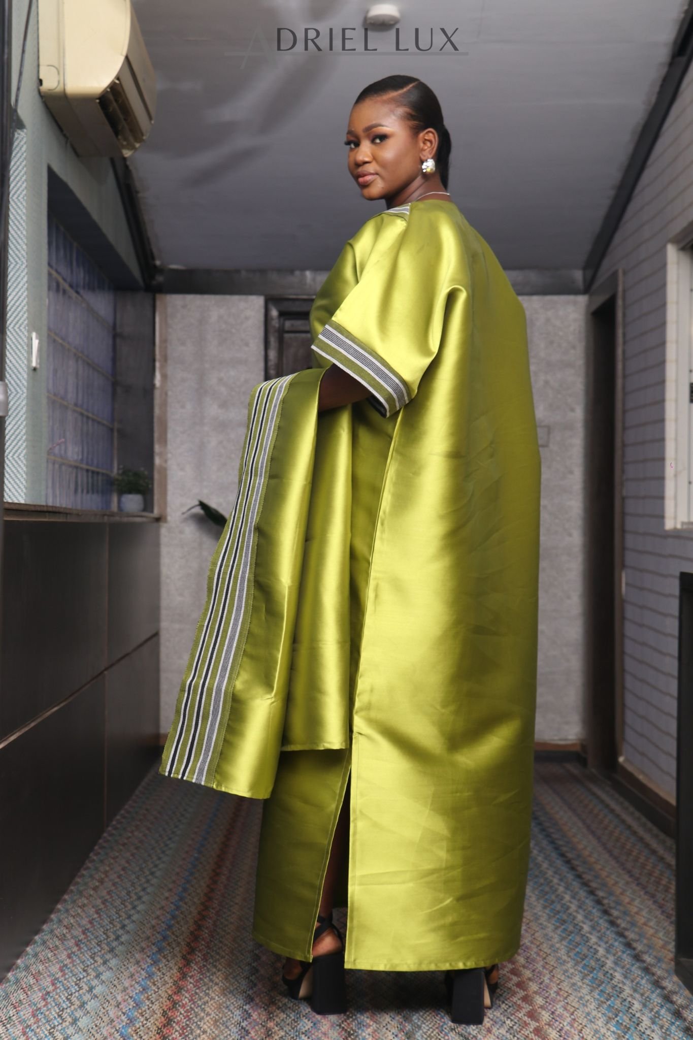 REBECCA V-Shaped Panelled Mikado-Asooke Mix Boubou Dress- Olive