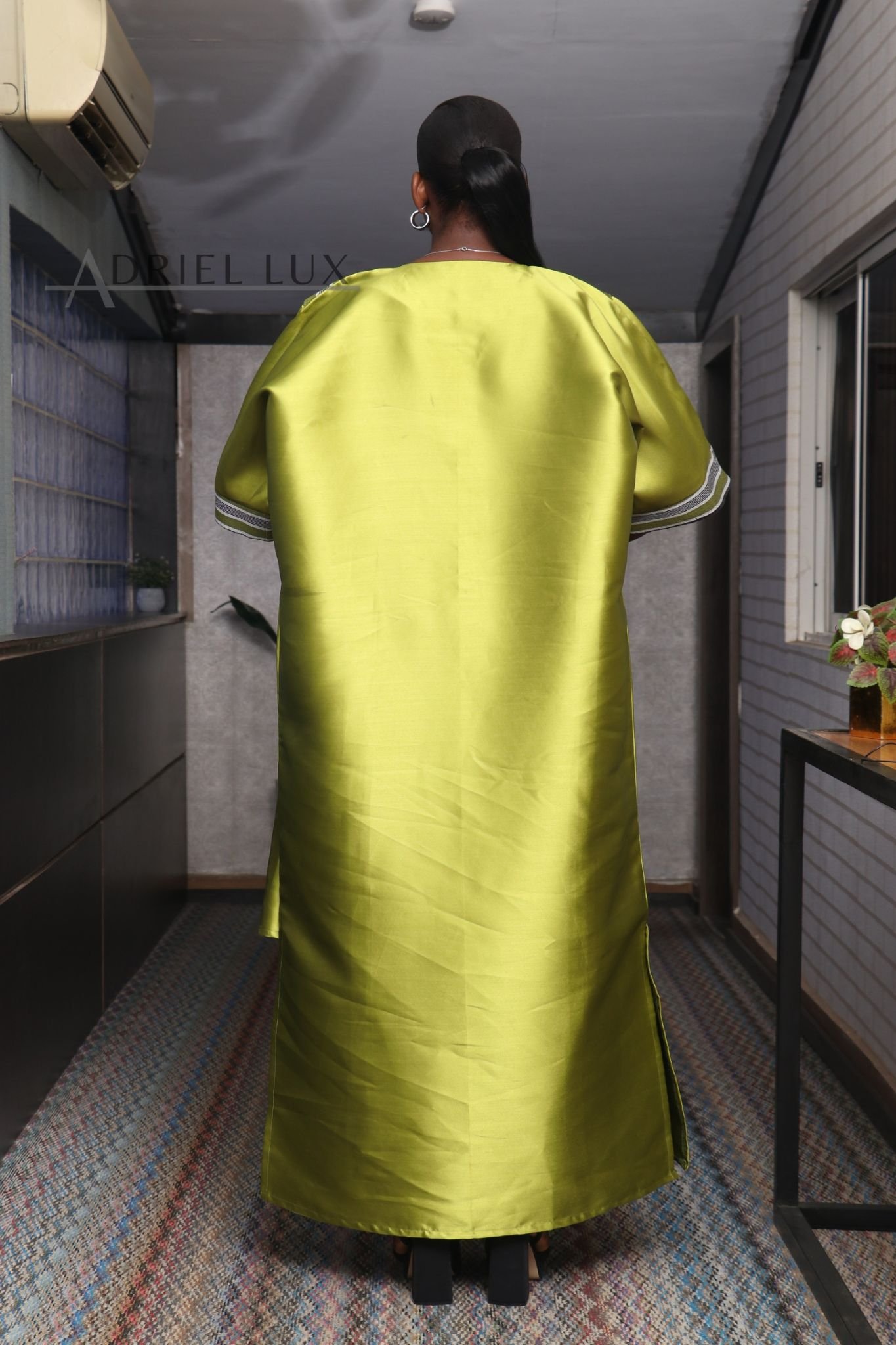 REBECCA V-Shaped Panelled Mikado-Asooke Mix Boubou Dress- Olive