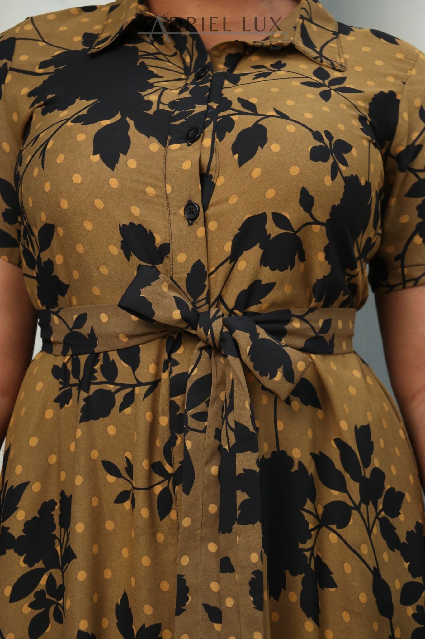 Floral Printed Self-Tie Hi-Low Shirt Dress- Black/Beige/Multi