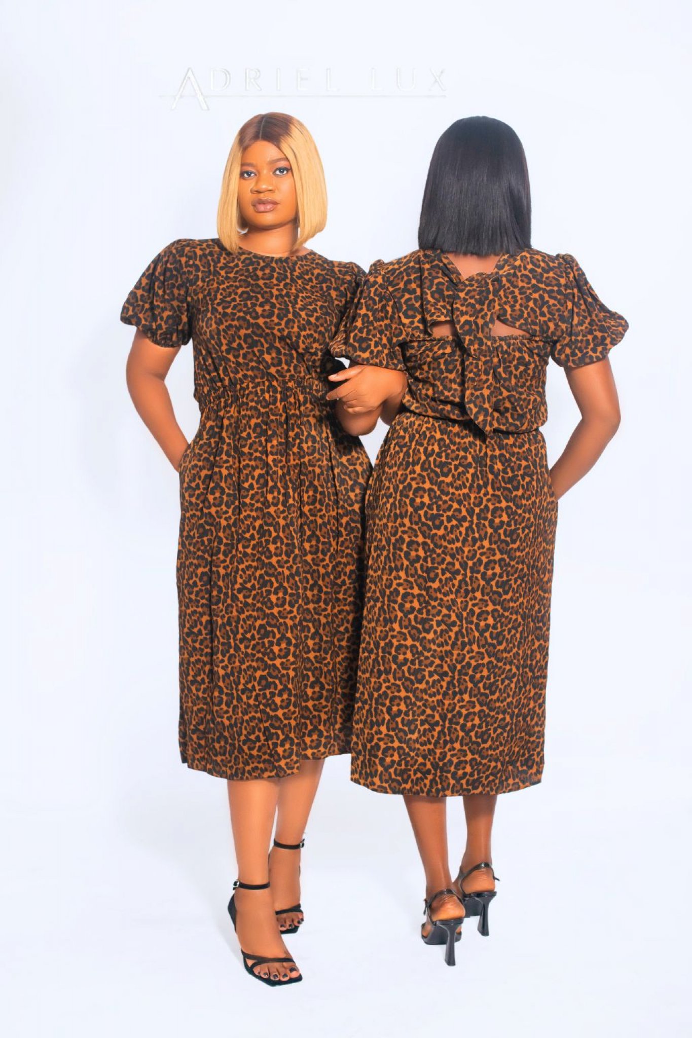 *Leopard Print Puff-Sleeve Midi Dress