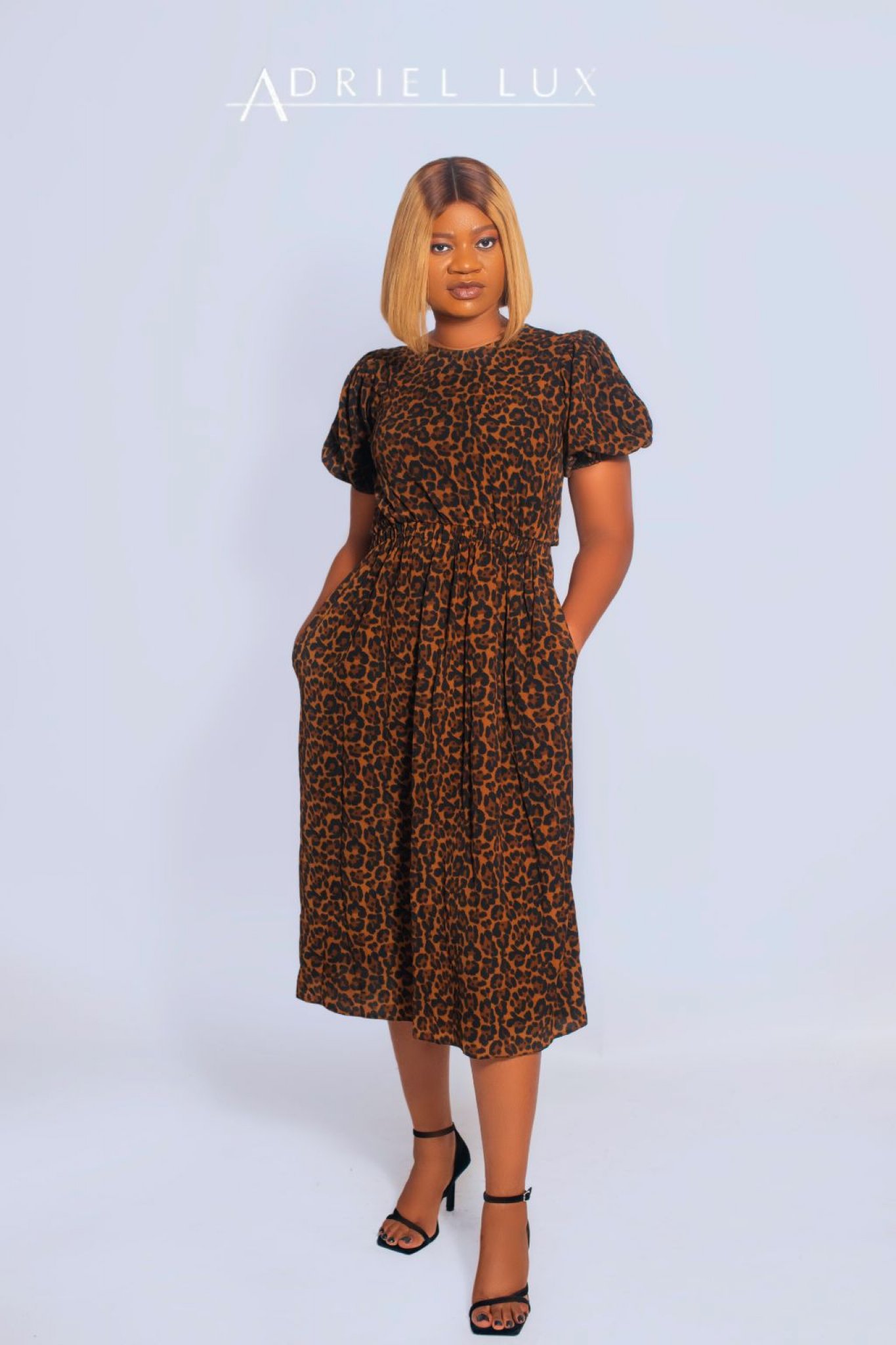 *Leopard Print Puff-Sleeve Midi Dress
