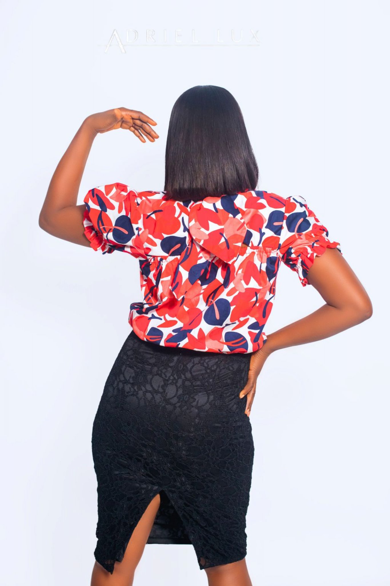 *Multi Print Puff-Sleeve Crop Top With Self-Tie Back Neck Detail