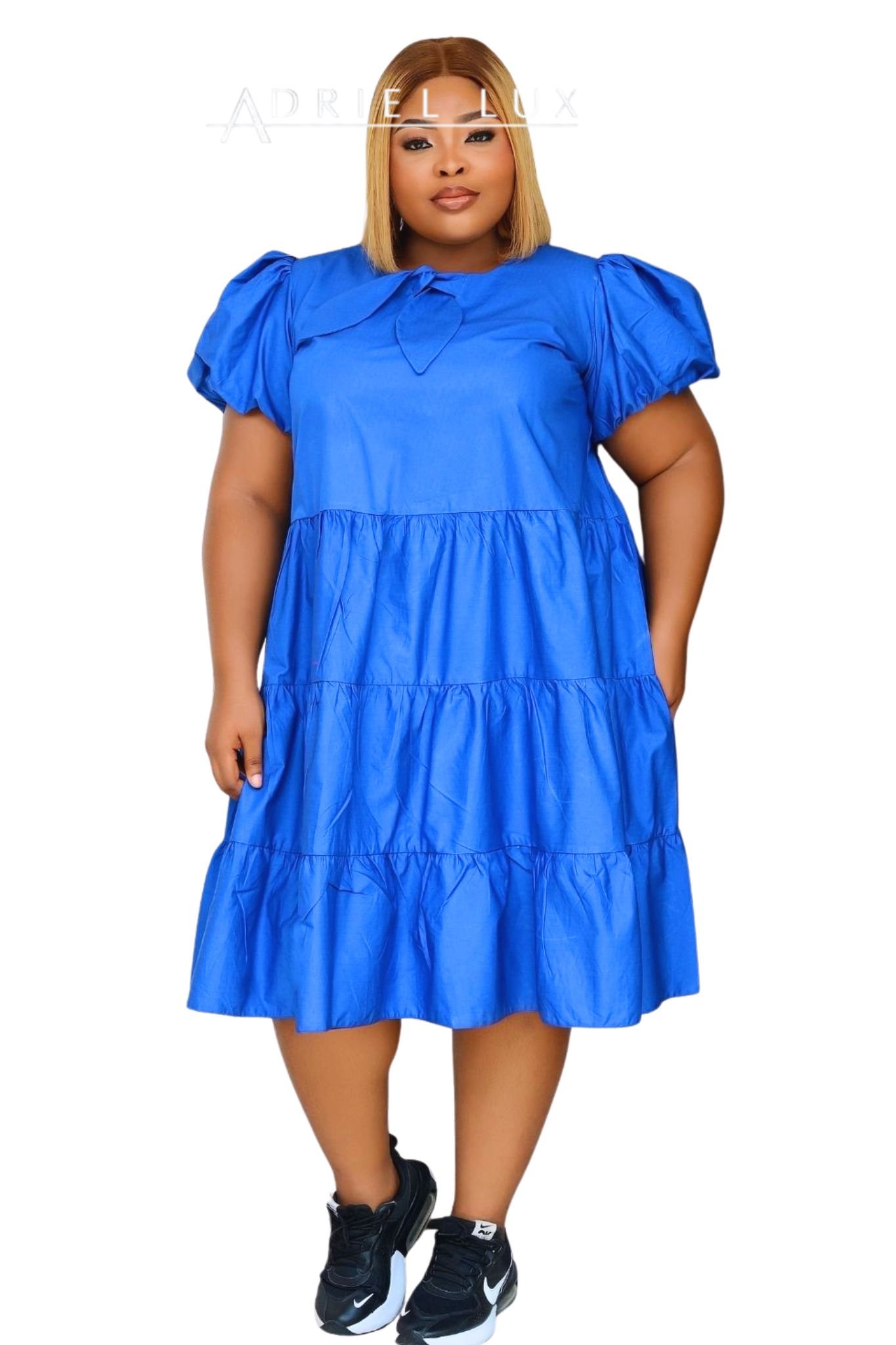 Puff Sleeve Tiered Midi Dress With Self-Tie Neck Detail