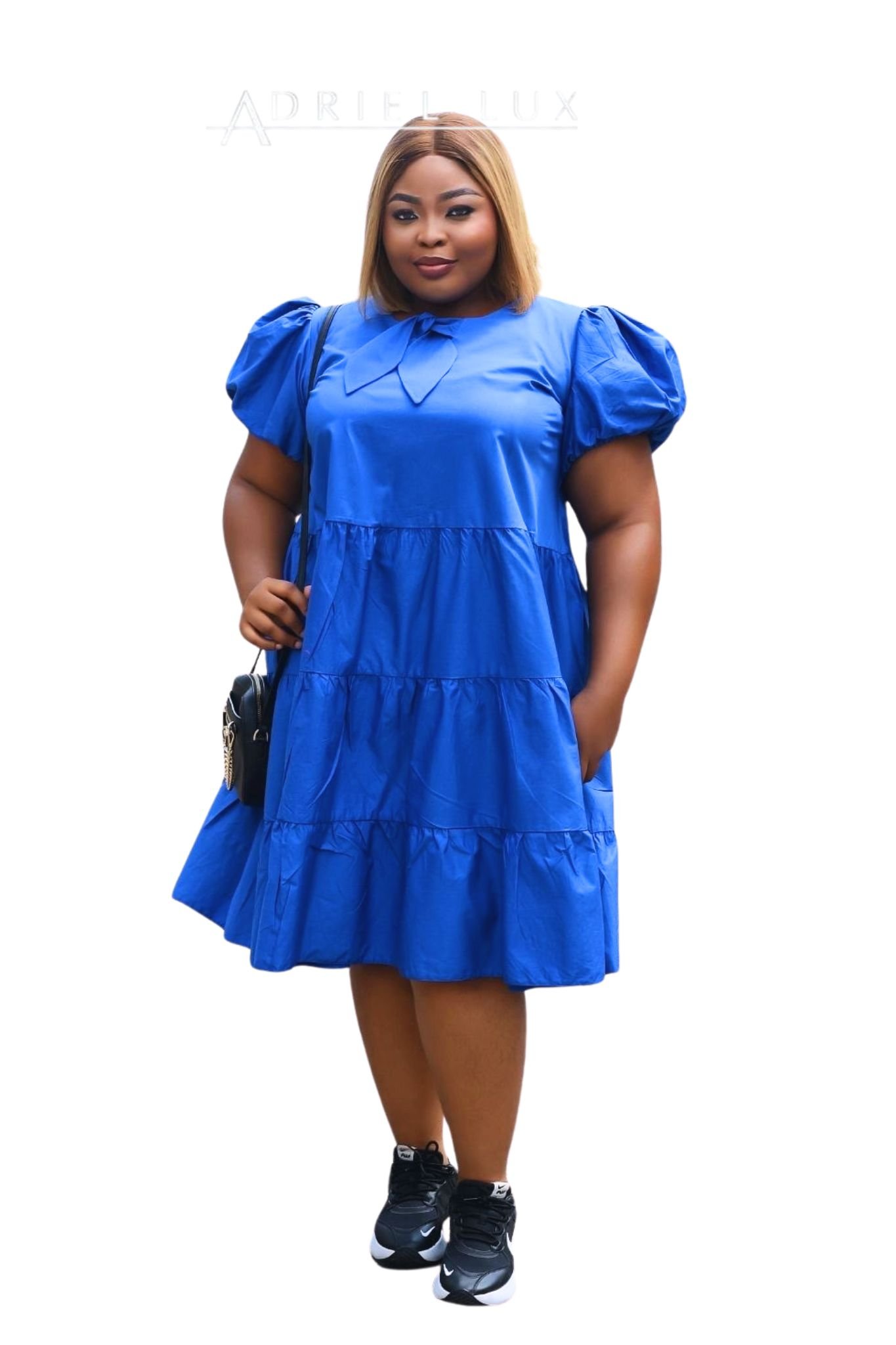 Puff Sleeve Tiered Midi Dress With Self-Tie Neck Detail