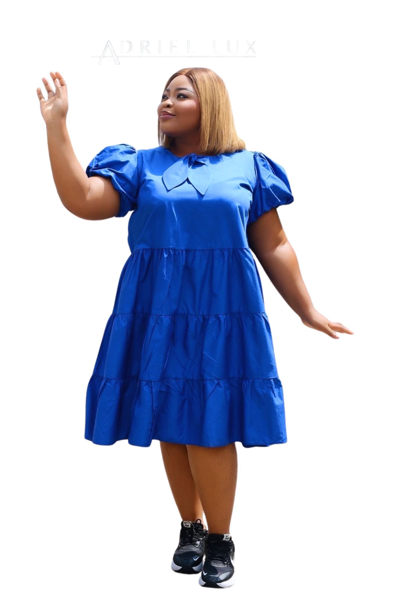 Puff Sleeve Tiered Midi Dress With Self-Tie Neck Detail
