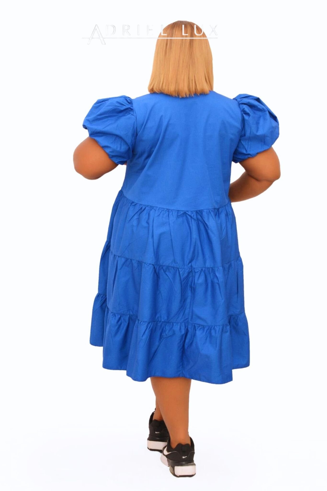 Puff Sleeve Tiered Midi Dress With Self-Tie Neck Detail