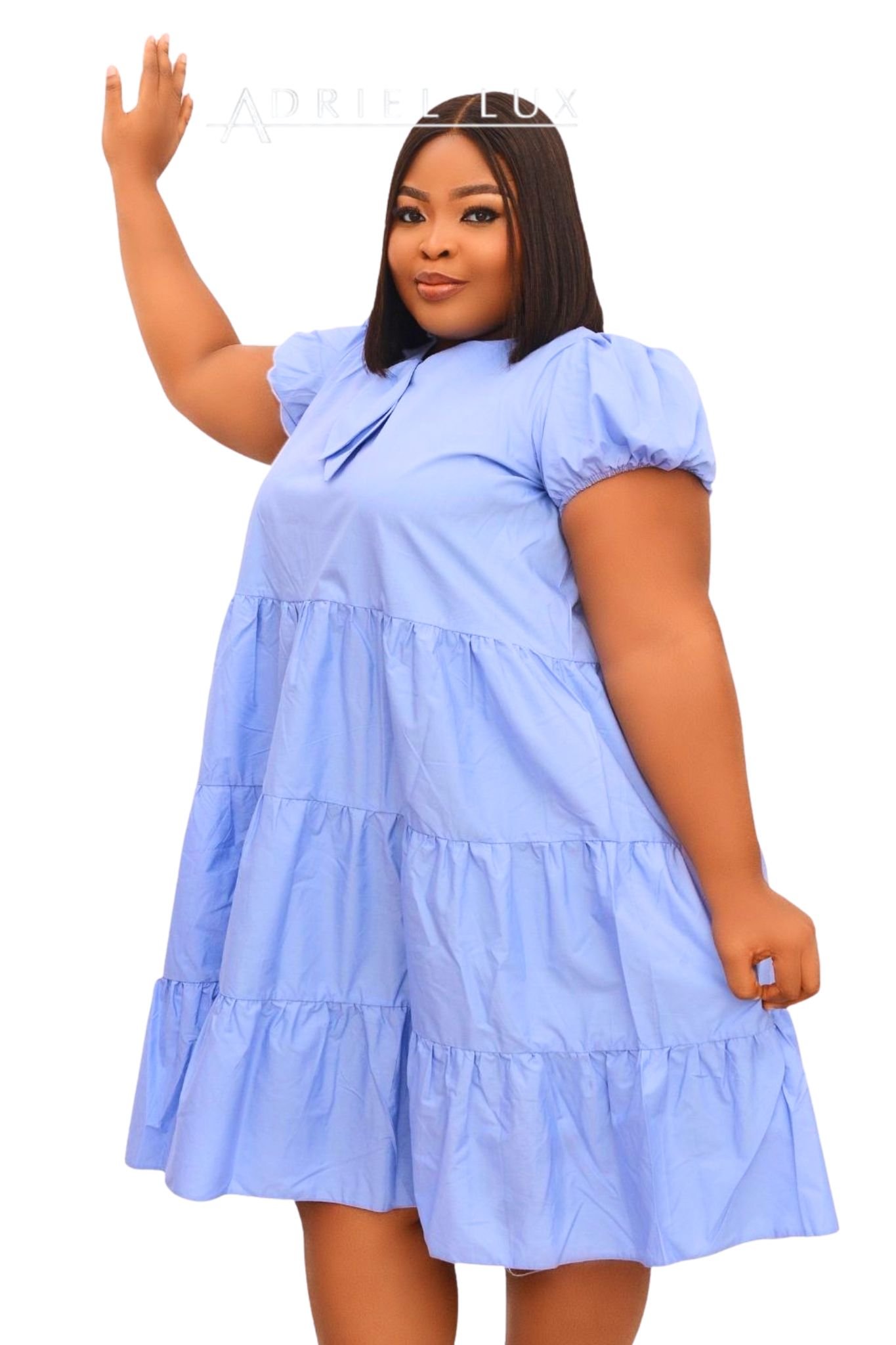 Puff Sleeve Tiered Midi Dress With Self-Tie Neck Detail