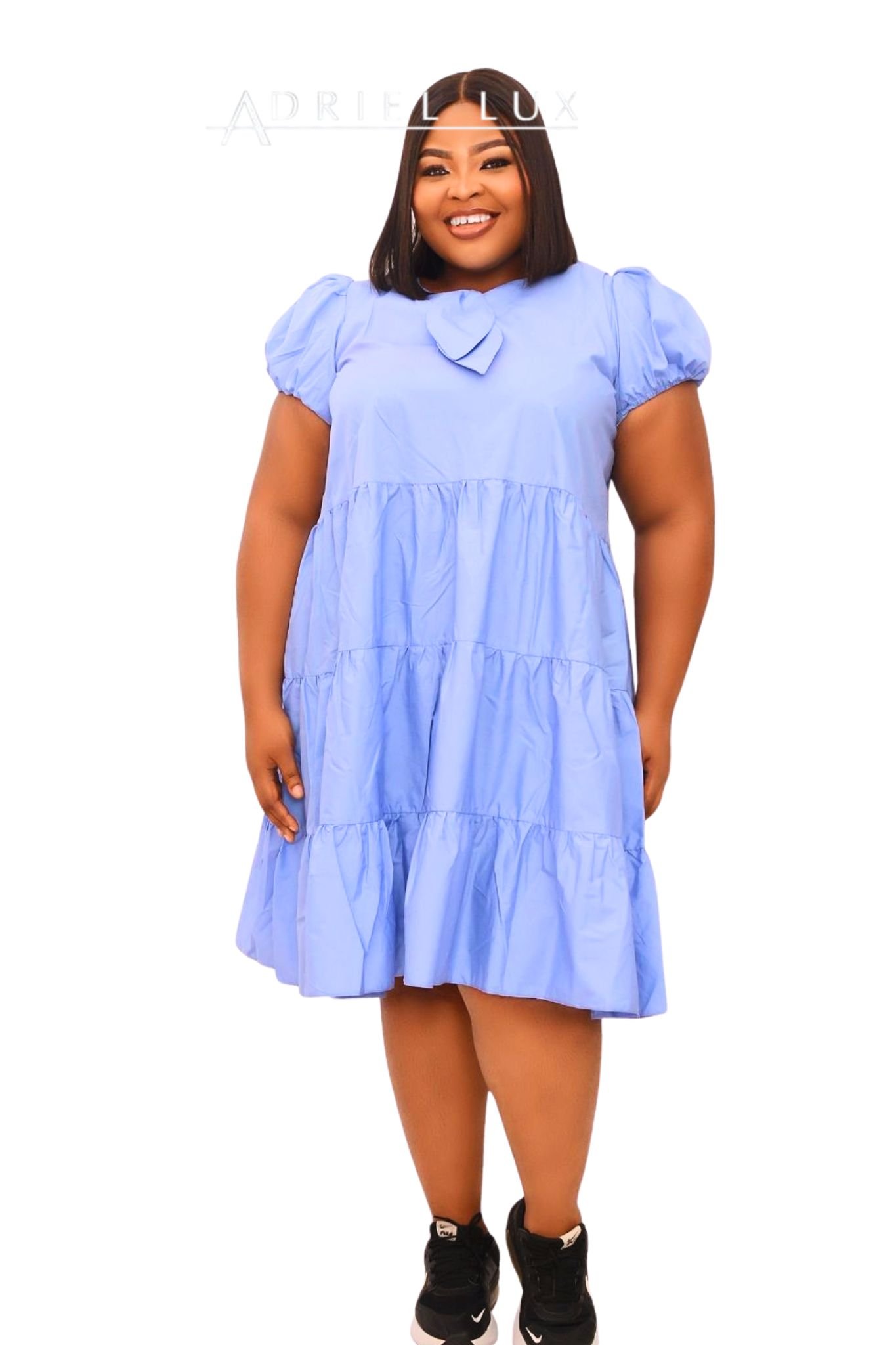 Puff Sleeve Tiered Midi Dress With Self-Tie Neck Detail