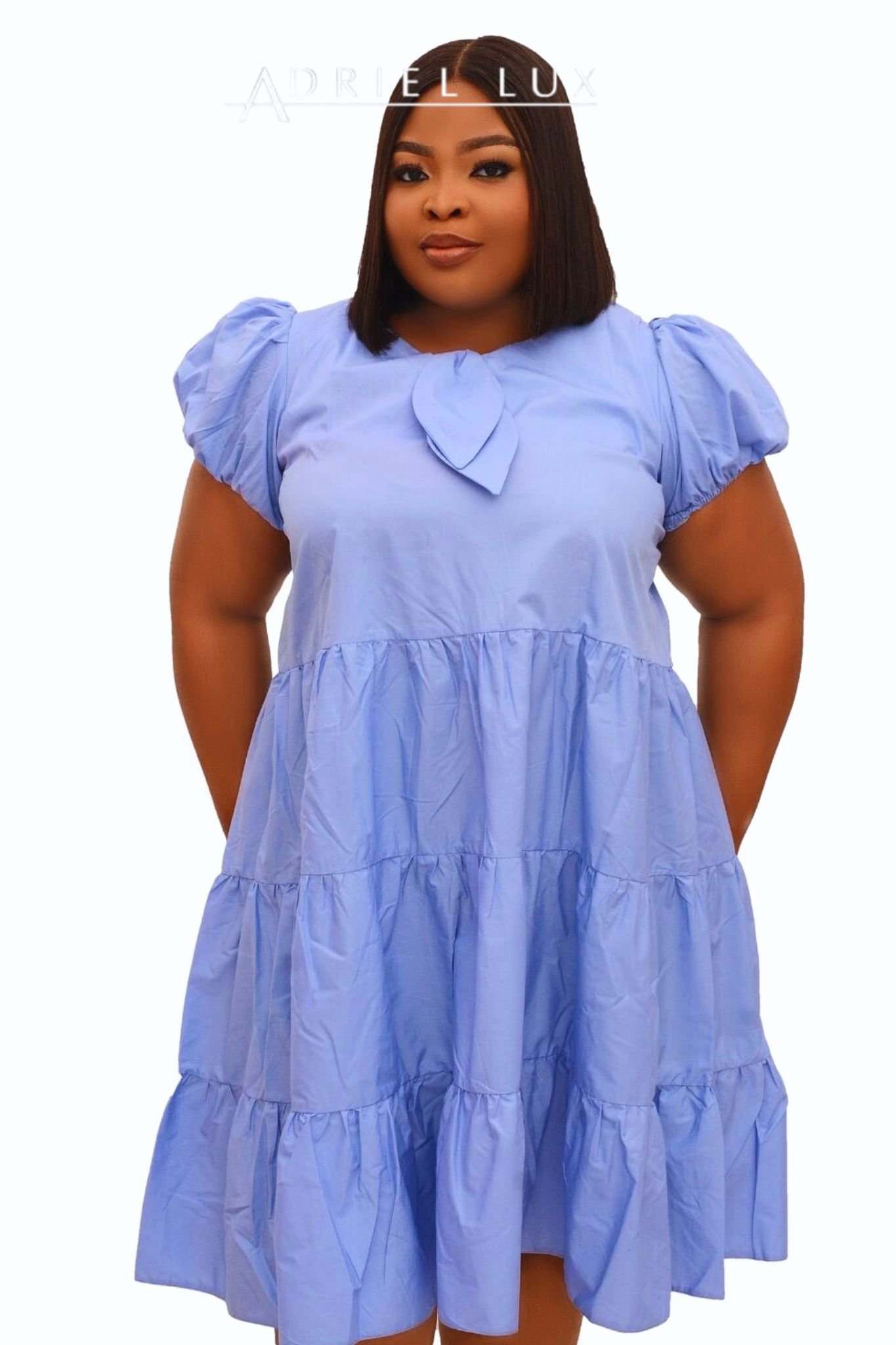 Puff Sleeve Tiered Midi Dress With Self-Tie Neck Detail