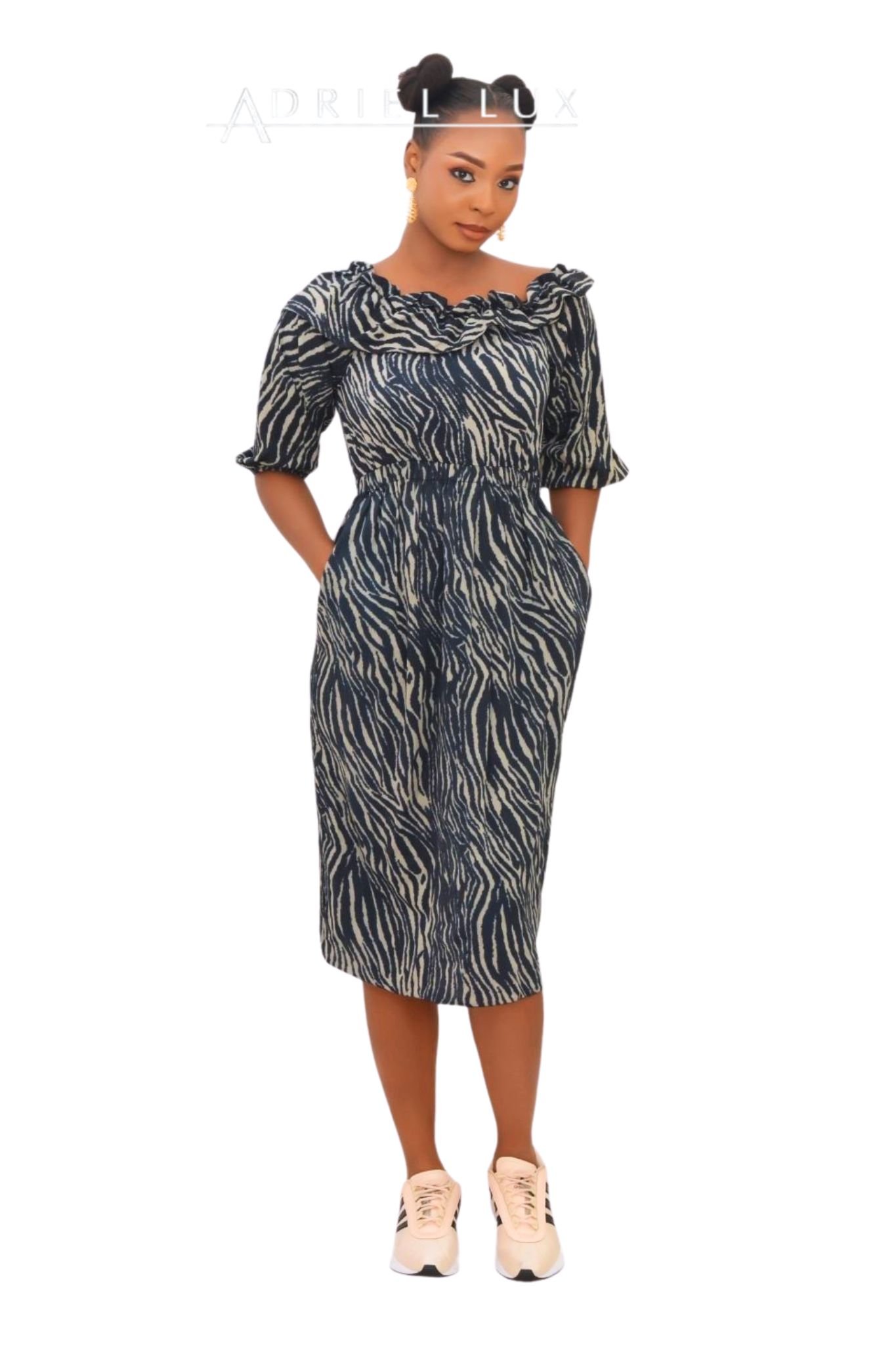 LEO Zebra Print Frilled-Cape Off-Shoulder Midi Dress