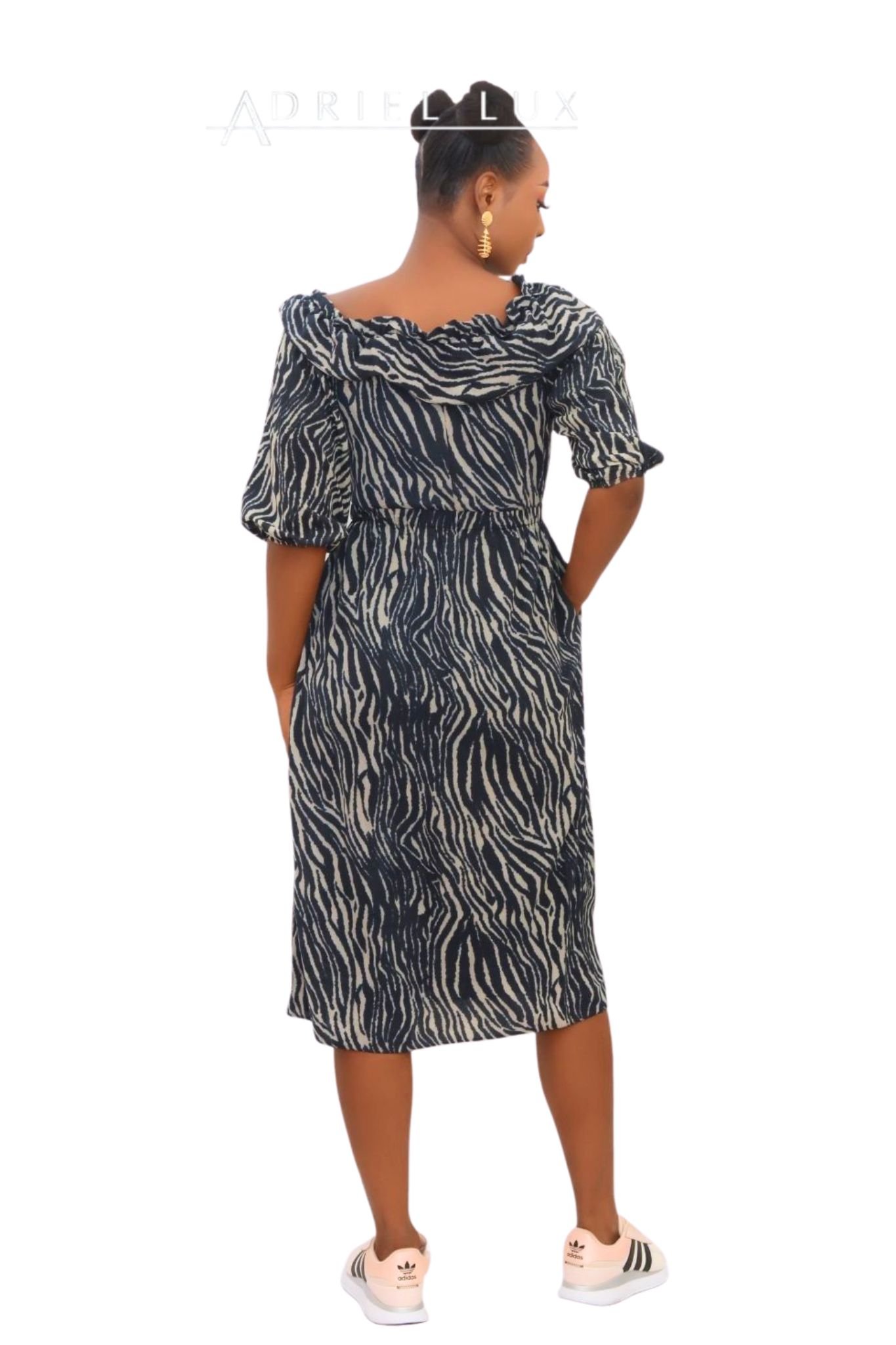 LEO Zebra Print Frilled-Cape Off-Shoulder Midi Dress