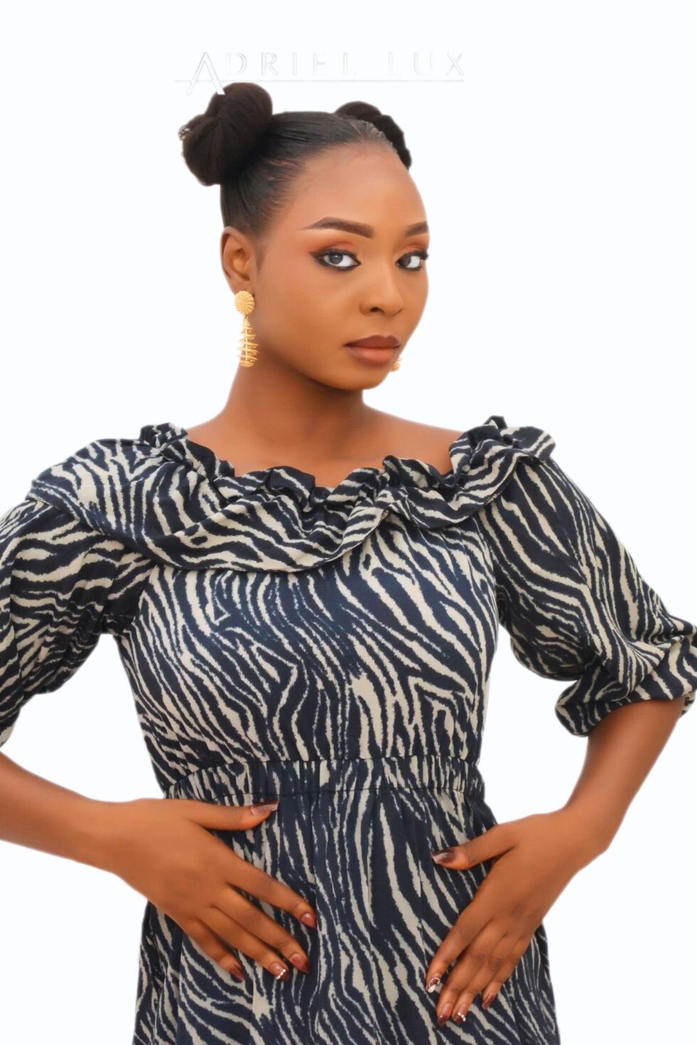 LEO Zebra Print Frilled-Cape Off-Shoulder Midi Dress