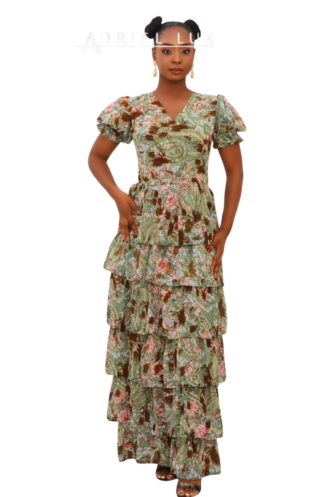 Floral Print Puff Sleeve Layered-Tier Maxi Dress