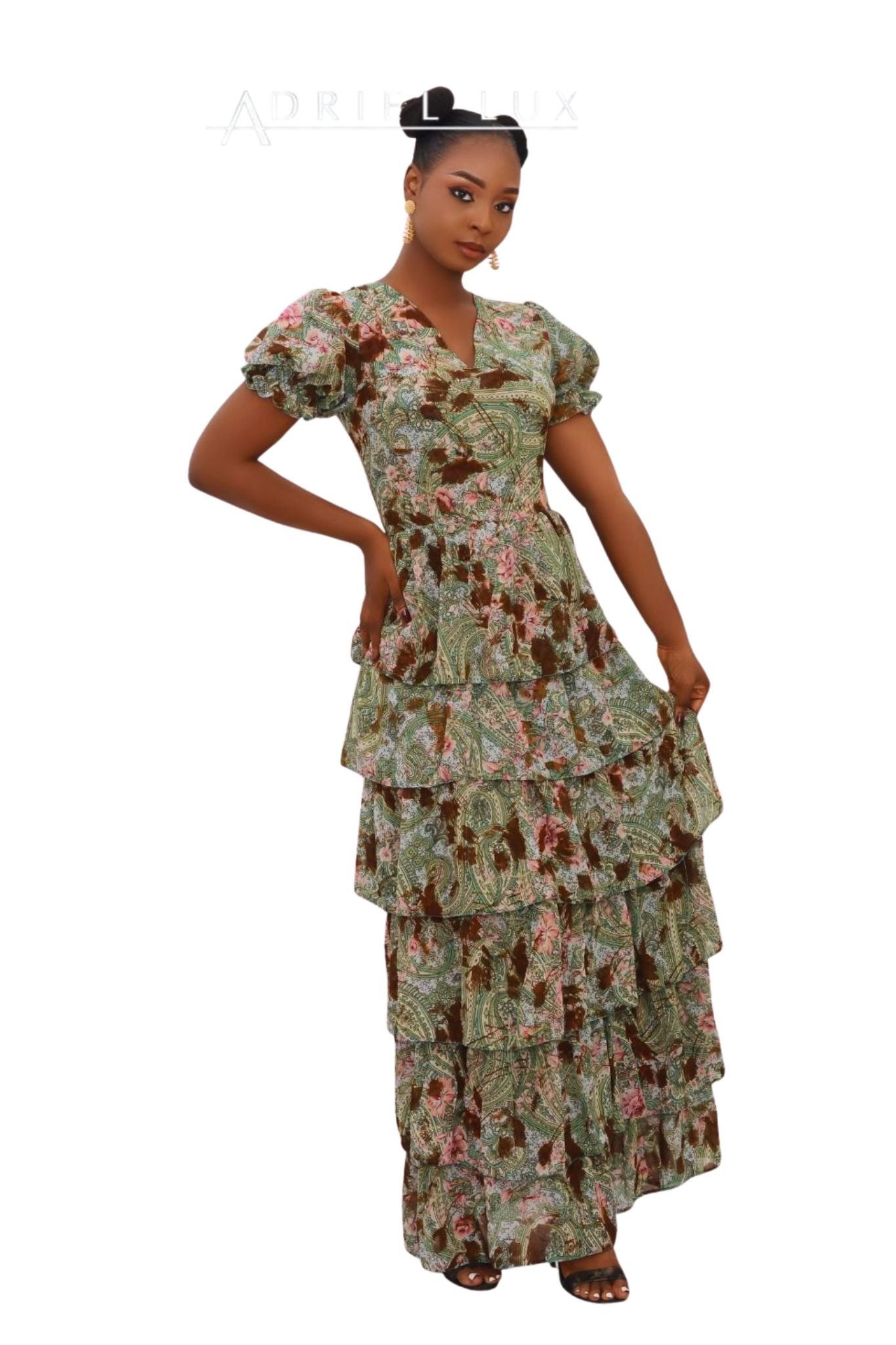 Floral Print Puff Sleeve Layered-Tier Maxi Dress