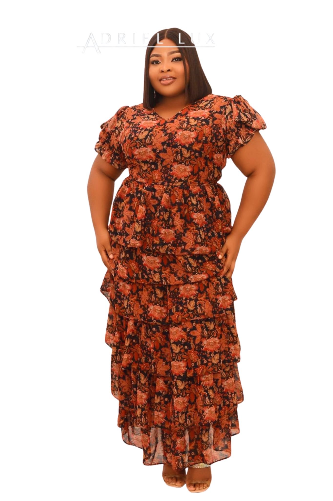 Floral Print Puff Sleeve Layered-Tier Maxi Dress.