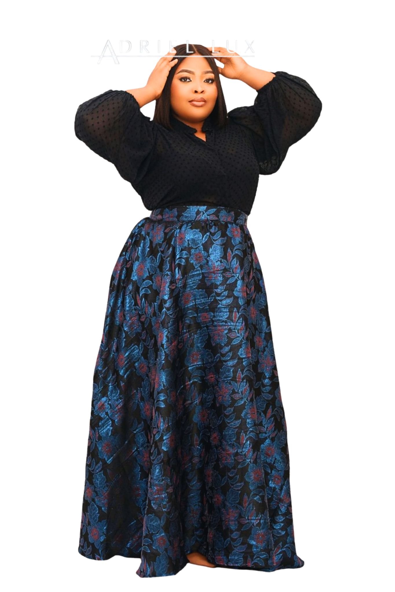 2PC Botton-Down Jacquard Chiffon Top with Damask Maxi Skirt Co-ord Set