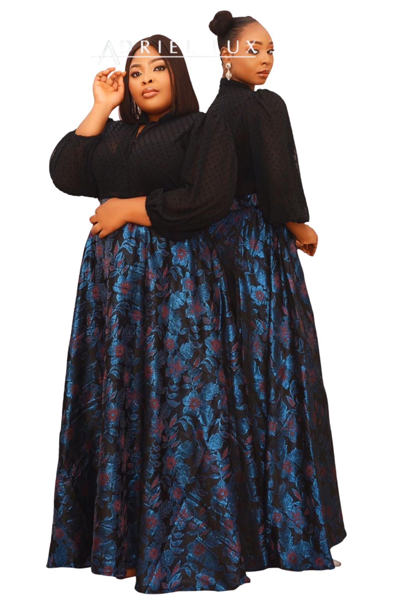 2PC Botton-Down Jacquard Chiffon Top with Damask Maxi Skirt Co-ord Set