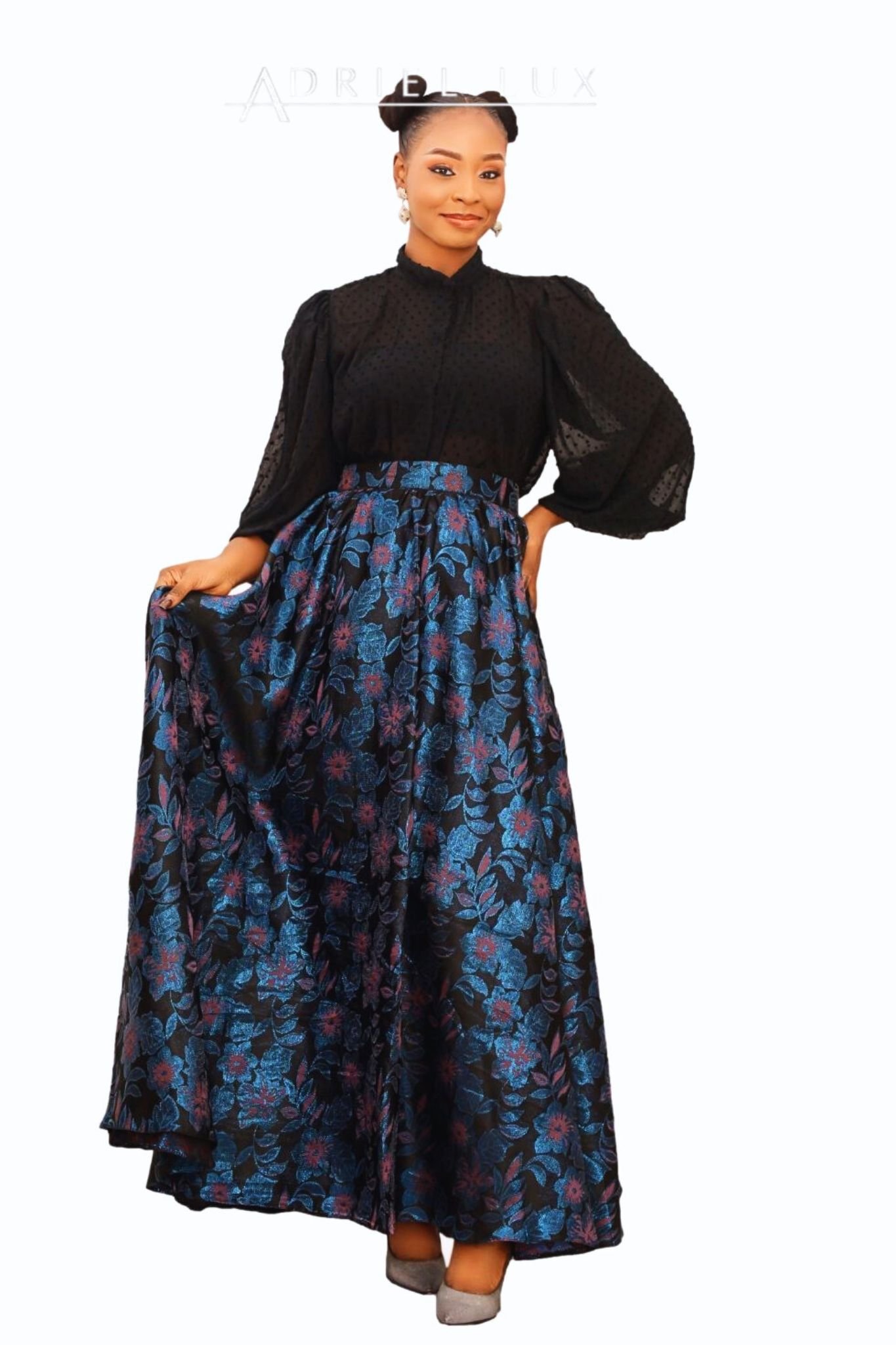 2PC Botton-Down Jacquard Chiffon Top with Damask Maxi Skirt Co-ord Set