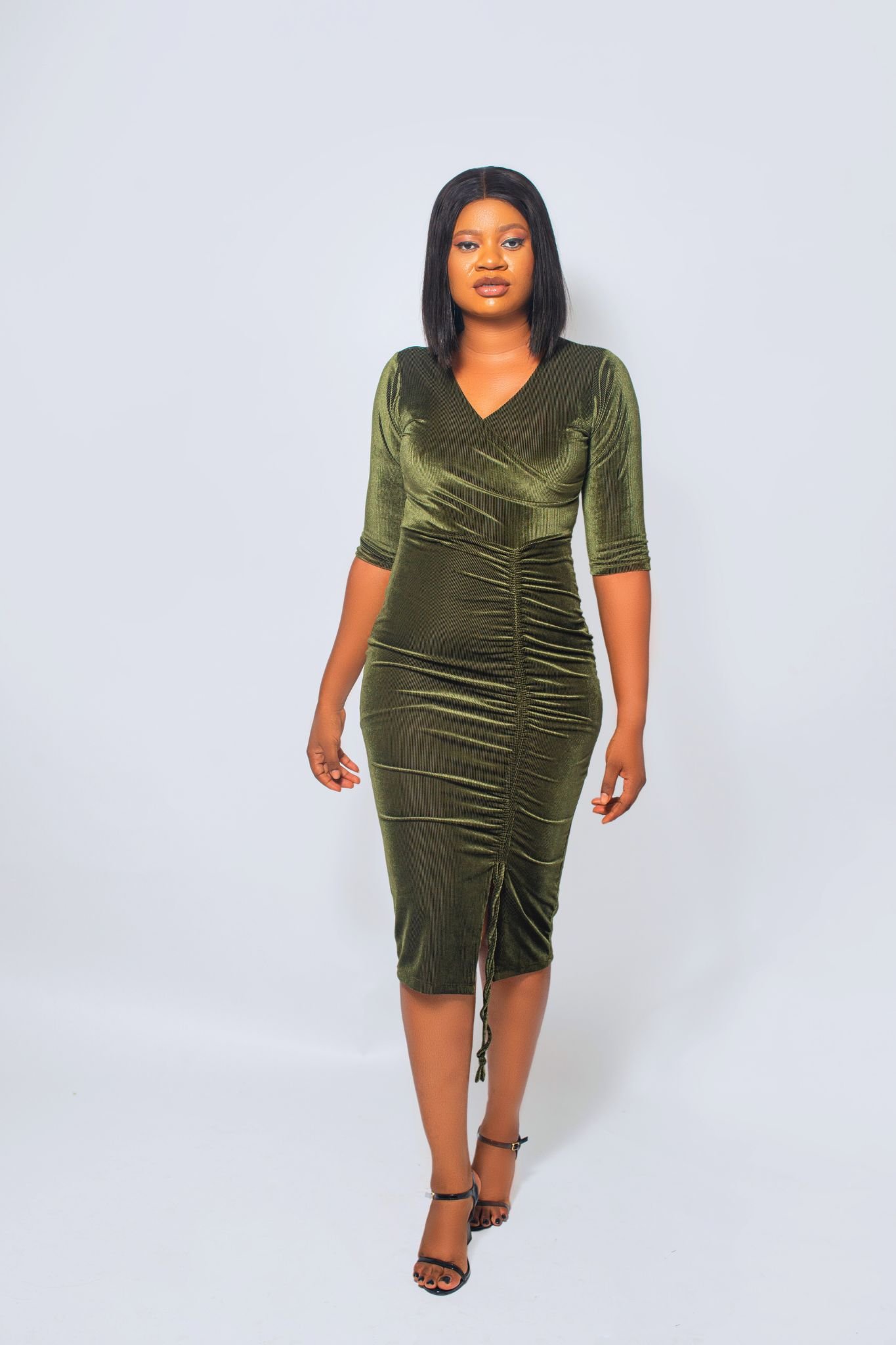 Overlap Velvet Fitted Midi Dress With Side Front Draw String Details