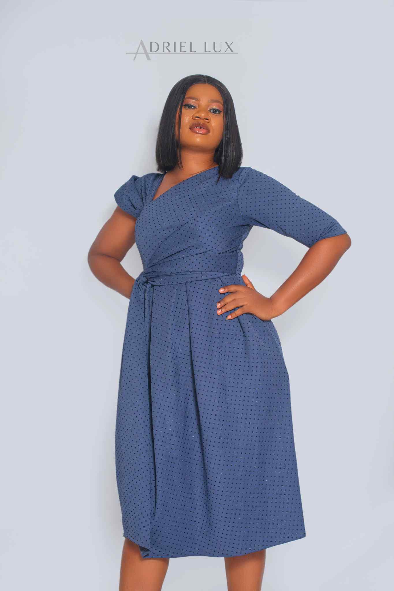 Acrylic Stone-Dotted Knotted-Ruch Midi Dress With Mono-Detailed Sleeves