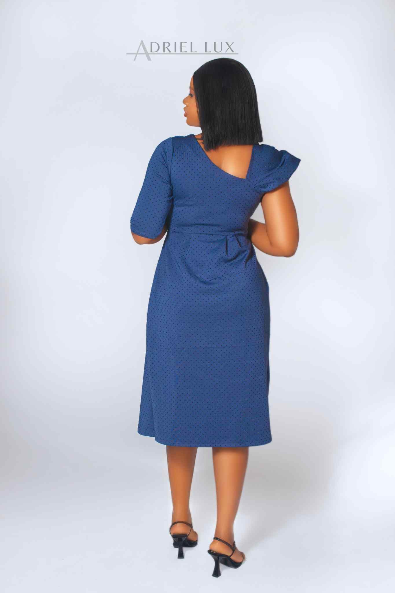 Acrylic Stone-Dotted Knotted-Ruch Midi Dress With Mono-Detailed Sleeves
