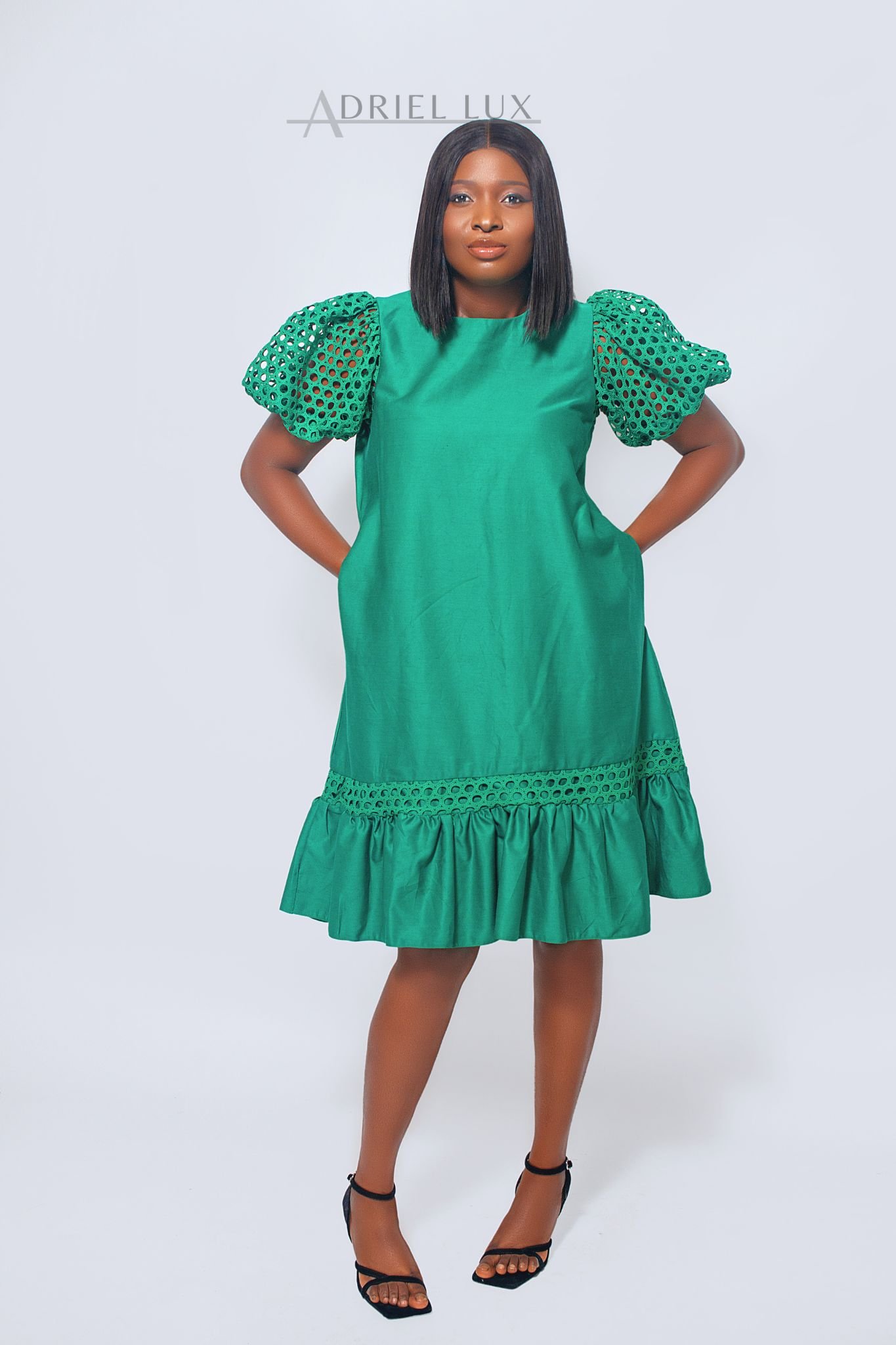 Puff Sleeved Flare Hem Midi Dress