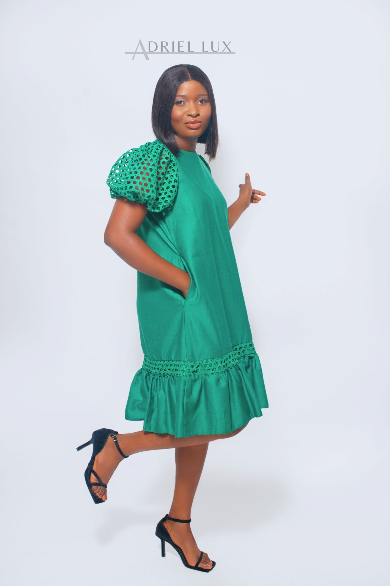 Puff Sleeved Flare Hem Midi Dress