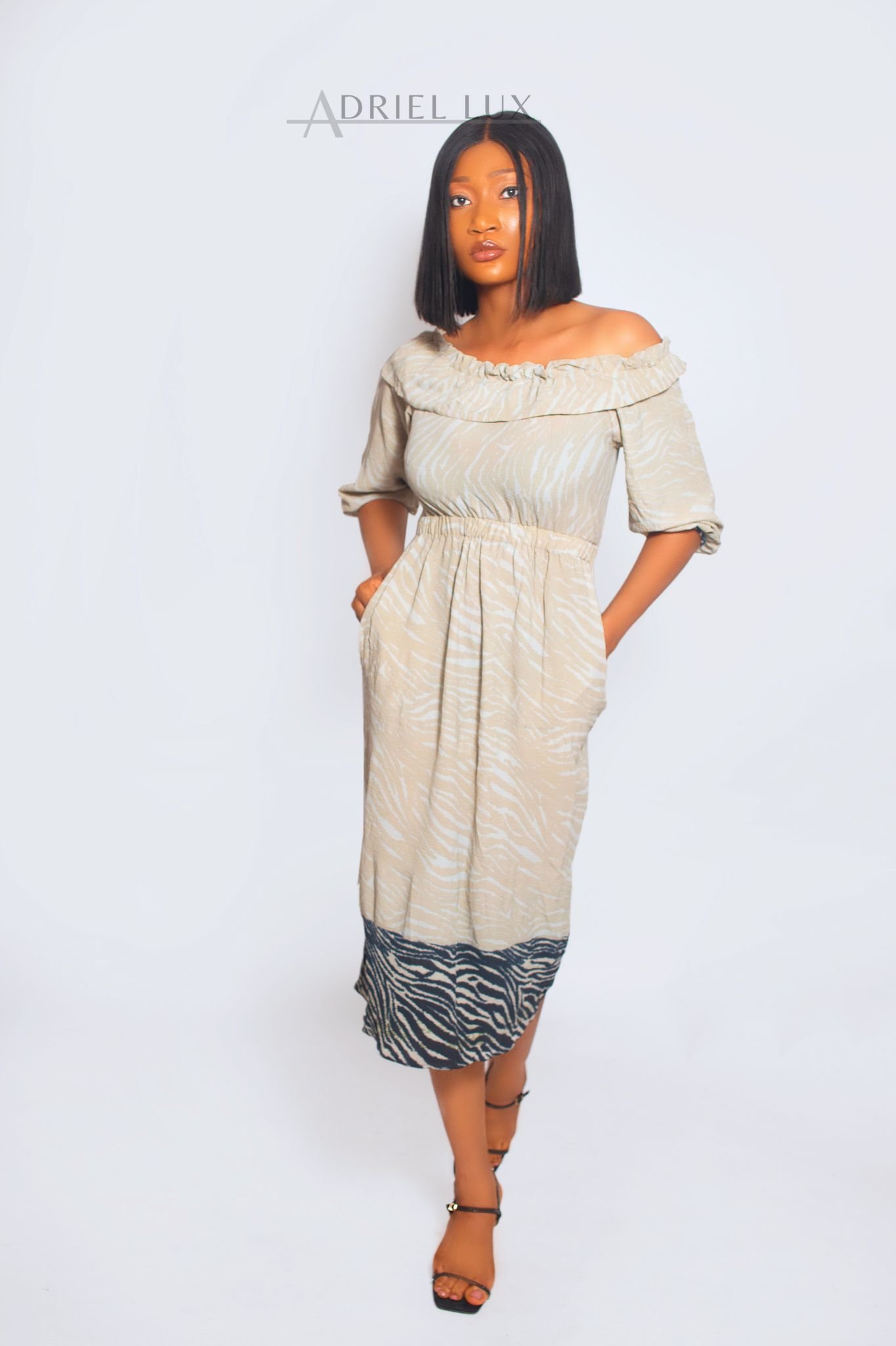Color-Blocked Zebra Print Frilled-Cape Off-Shoulder Midi Dress