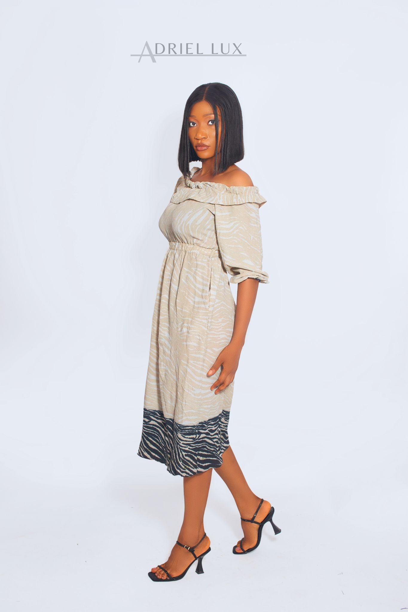 Color-Blocked Zebra Print Frilled-Cape Off-Shoulder Midi Dress