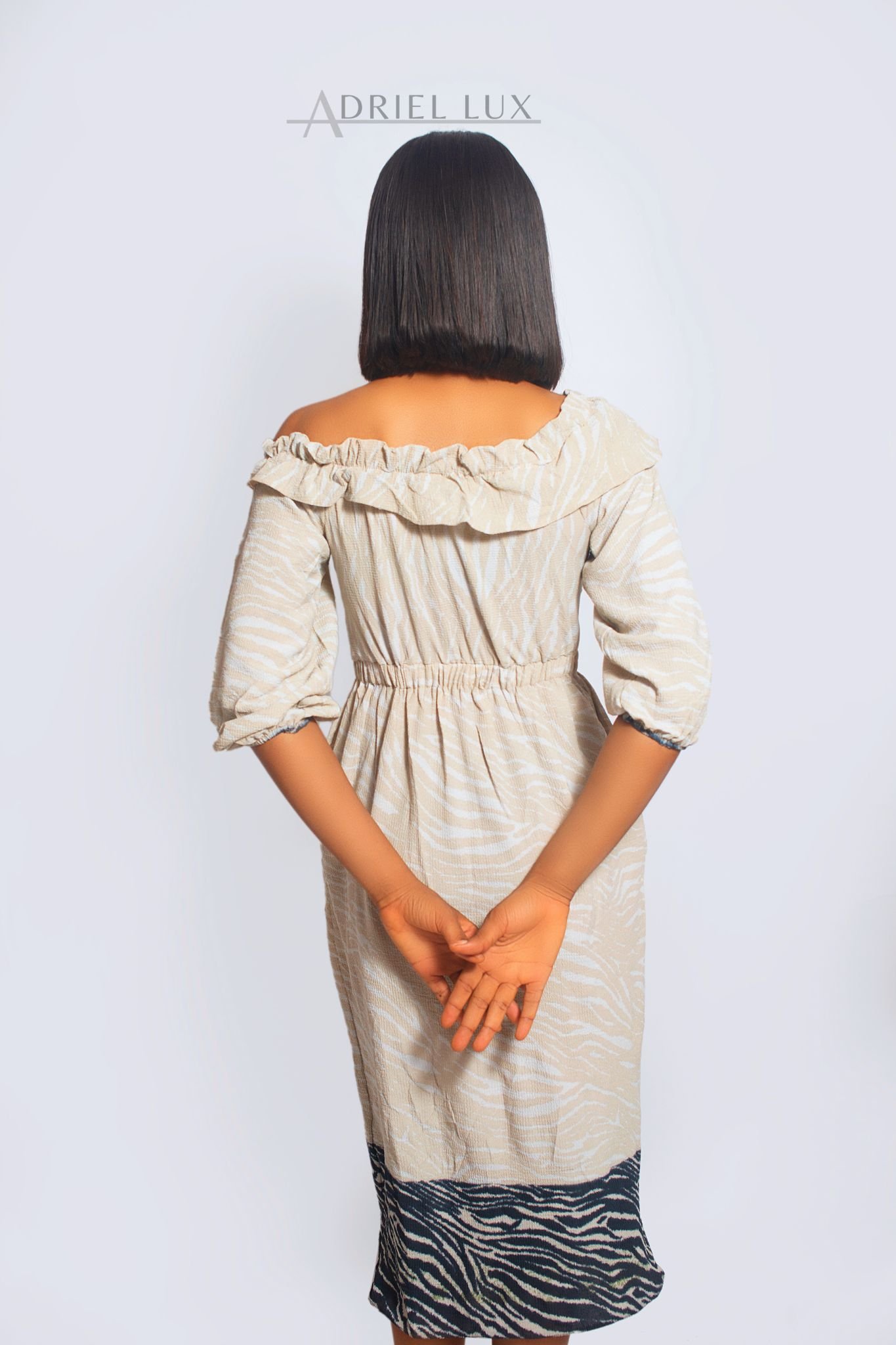 Color-Blocked Zebra Print Frilled-Cape Off-Shoulder Midi Dress