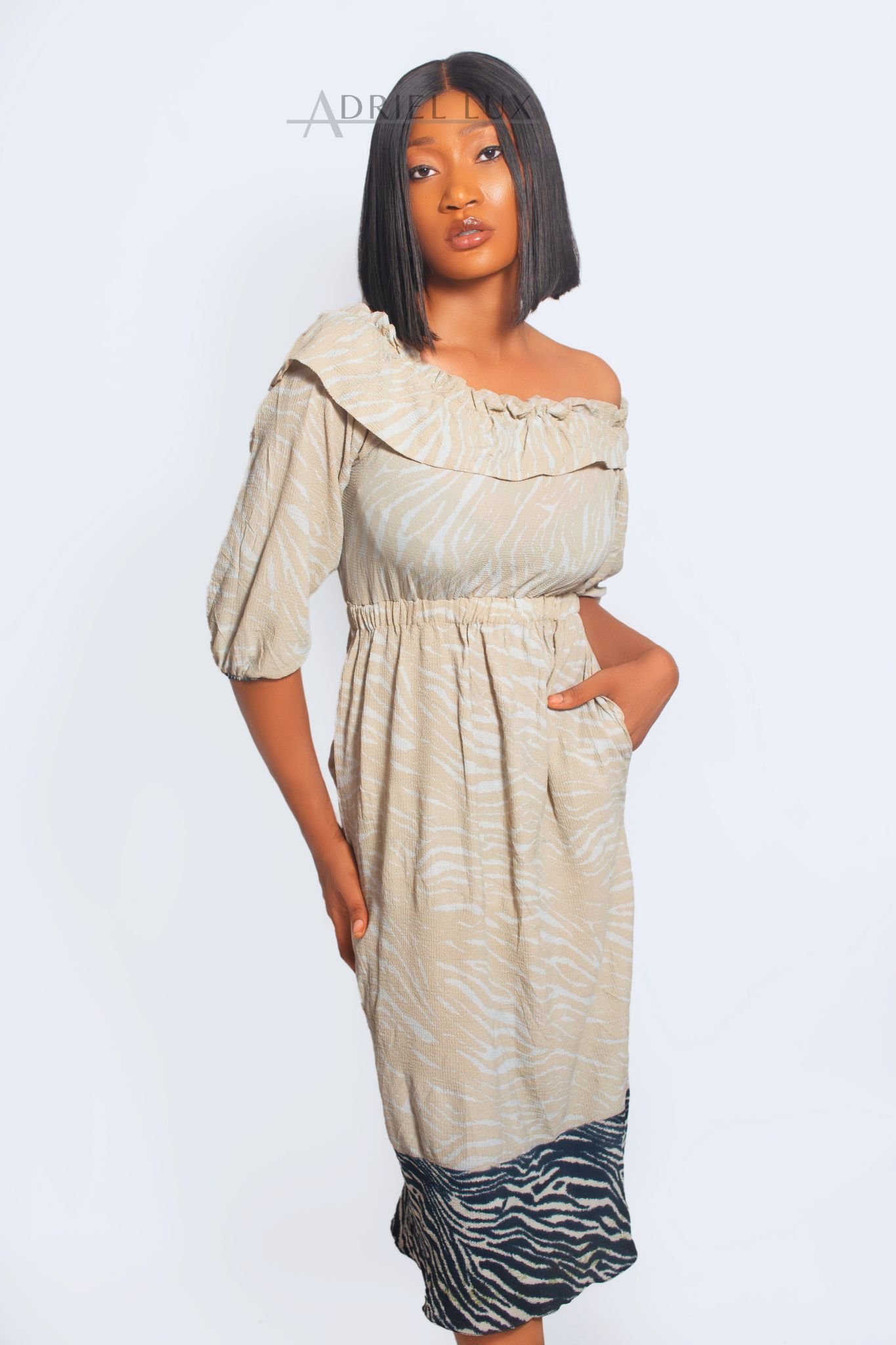 Color-Blocked Zebra Print Frilled-Cape Off-Shoulder Midi Dress