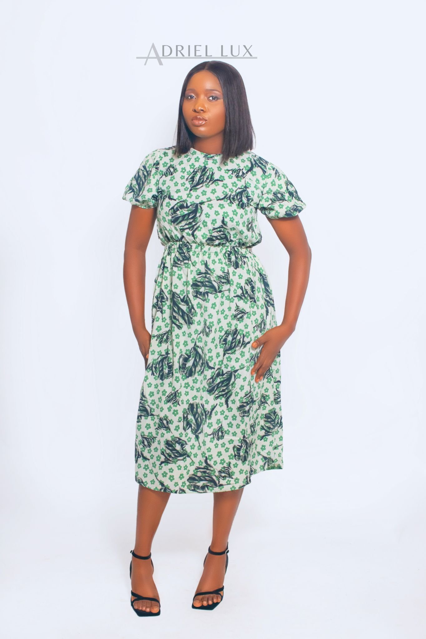 Leaf Print Puff-Sleeve Midi Dress