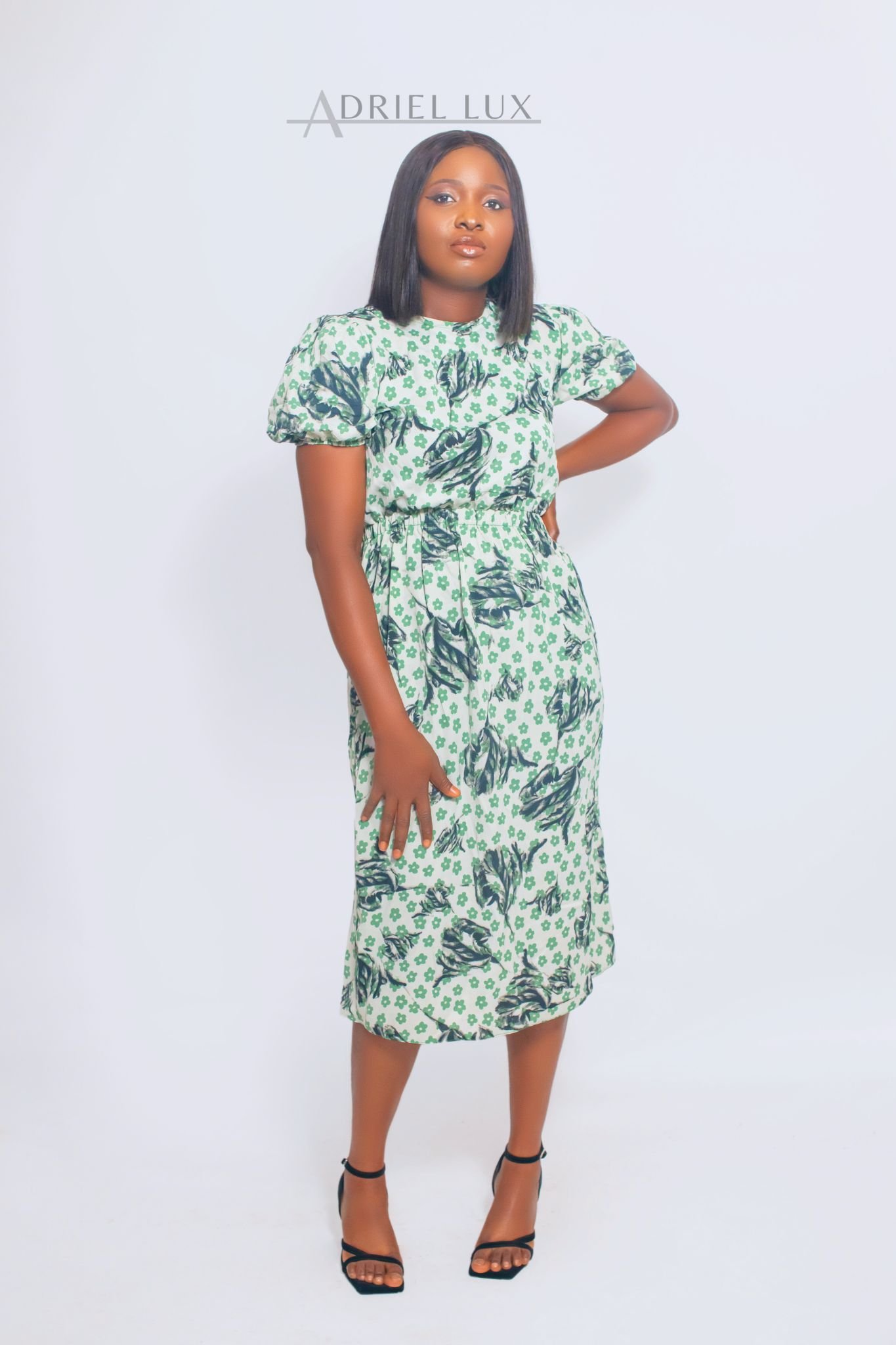 Leaf Print Puff-Sleeve Midi Dress