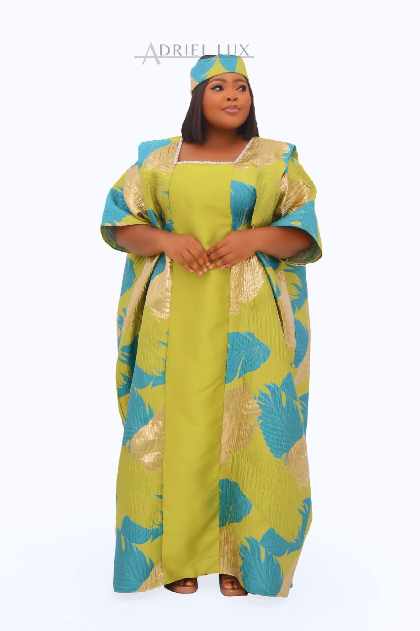 OLA 2-Piece Rhinestone Embellished  Mikado Panelled Brocade Boubou Dress