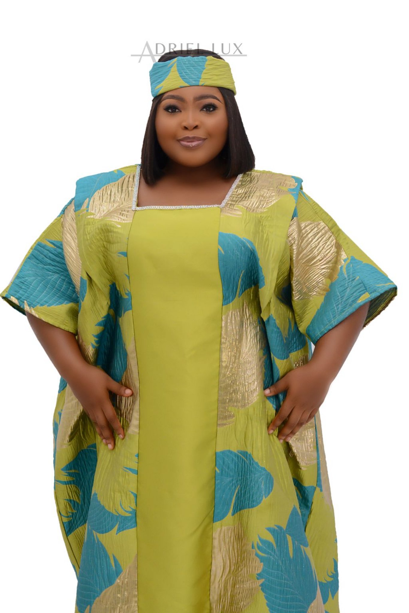 OLA 2-Piece Rhinestone Embellished  Mikado Panelled Brocade Boubou Dress