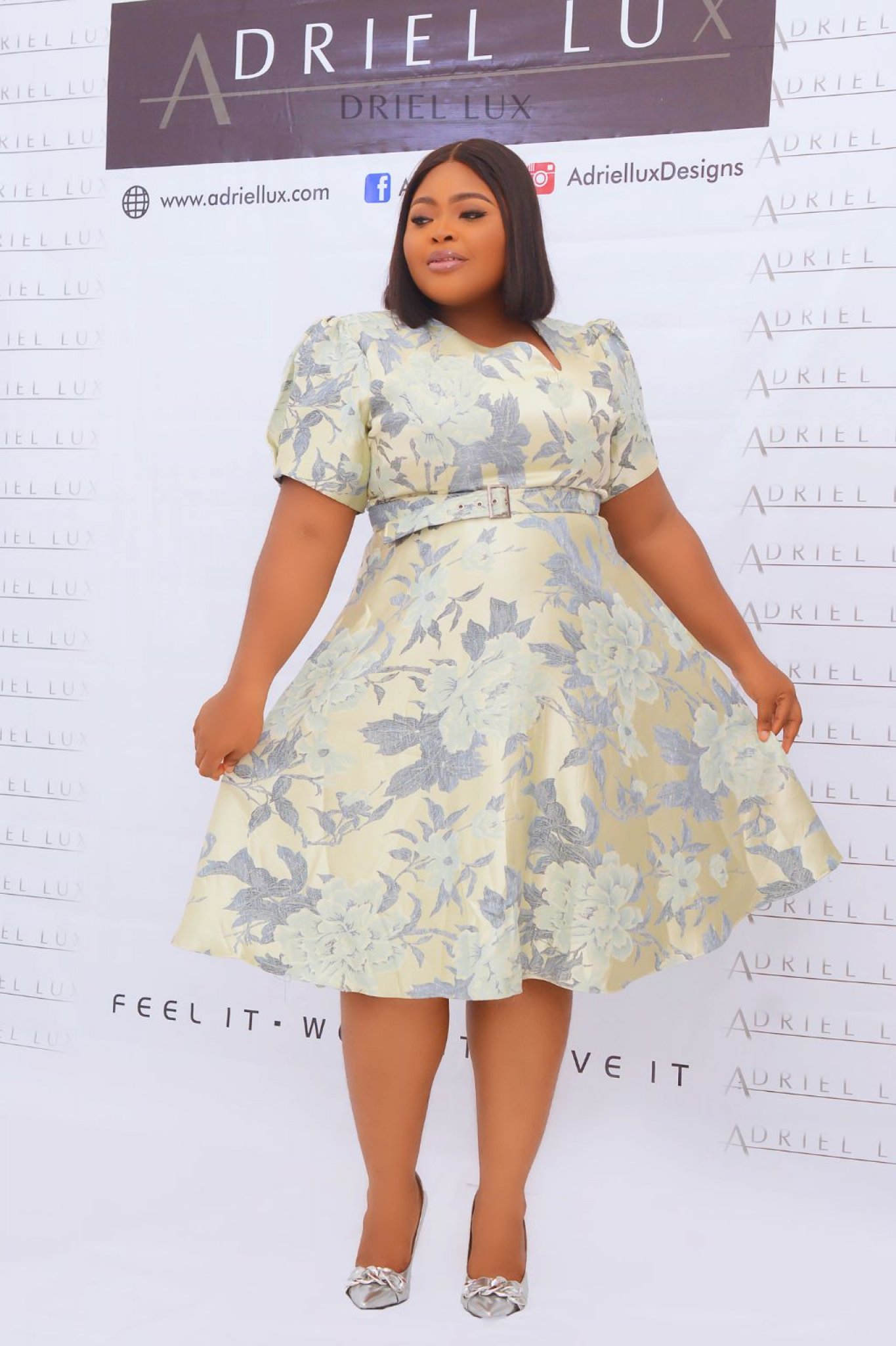 Belted Asymmetric Neckline Brocade Midi Flare Dress