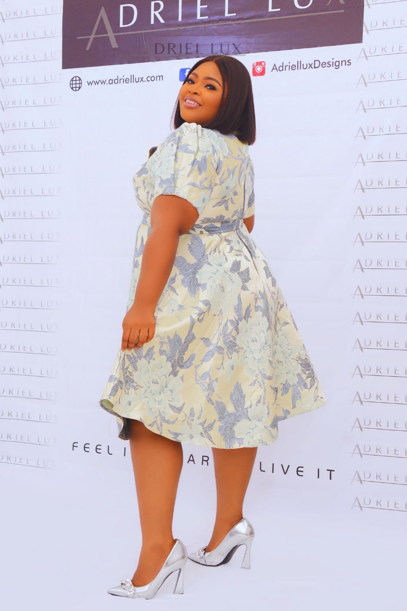 Belted Asymmetric Neckline Brocade Midi Flare Dress