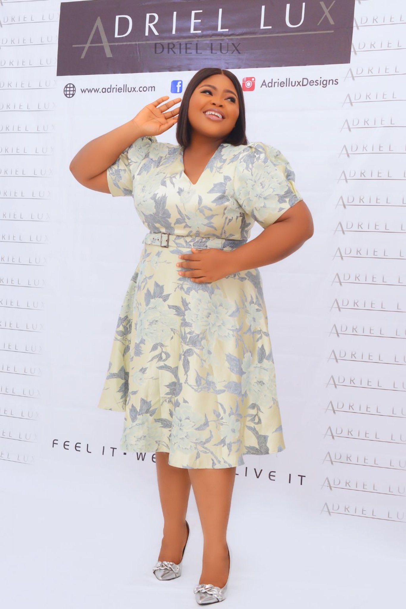 Belted Asymmetric Neckline Brocade Midi Flare Dress