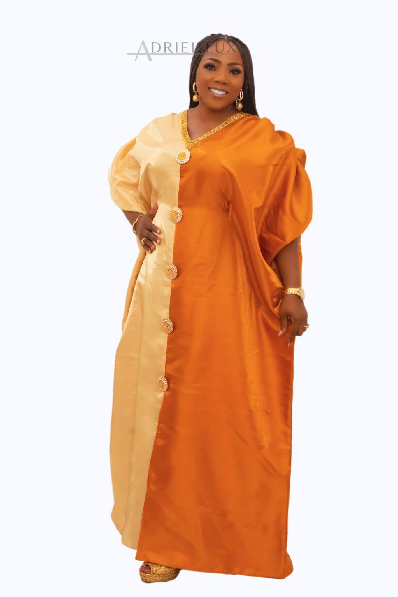 Puff Sleeve Color-Blocked Liquid Mikado  Boubou Dress With Button-Down Front Panel L/XL