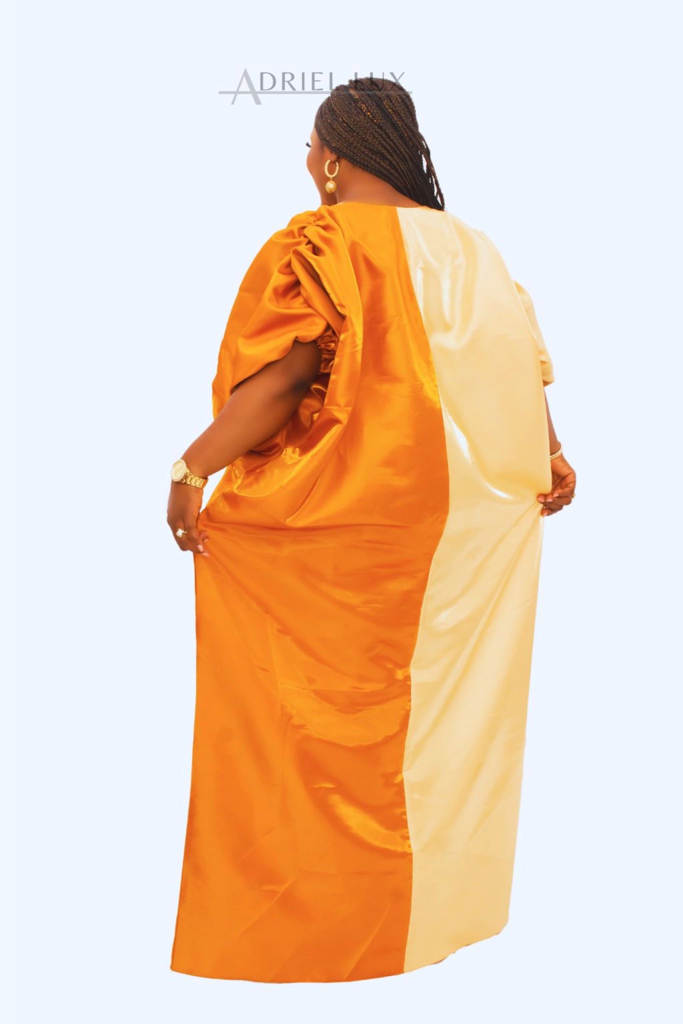 Puff Sleeve Color-Blocked Liquid Mikado  Boubou Dress With Button-Down Front Panel L/XL