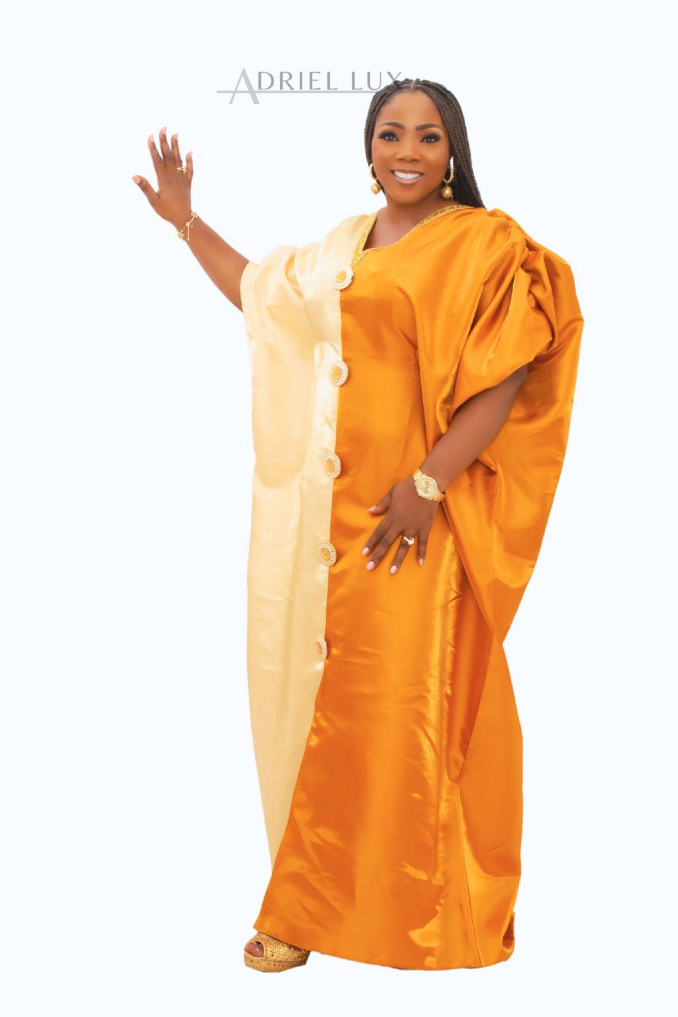 Puff Sleeve Color-Blocked Liquid Mikado  Boubou Dress With Button-Down Front Panel L/XL