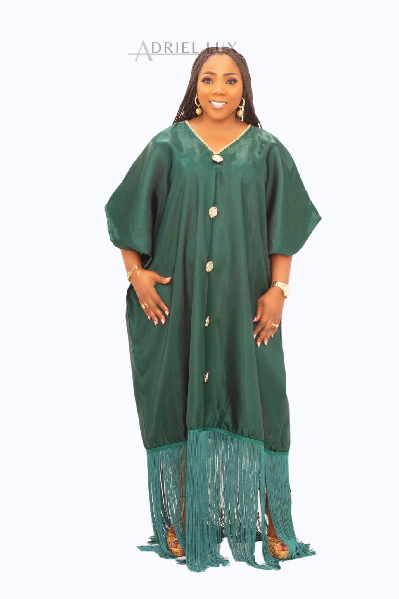 Fringe Hem Button-Down Mikado Boubou Dress With Matching Head-Tie